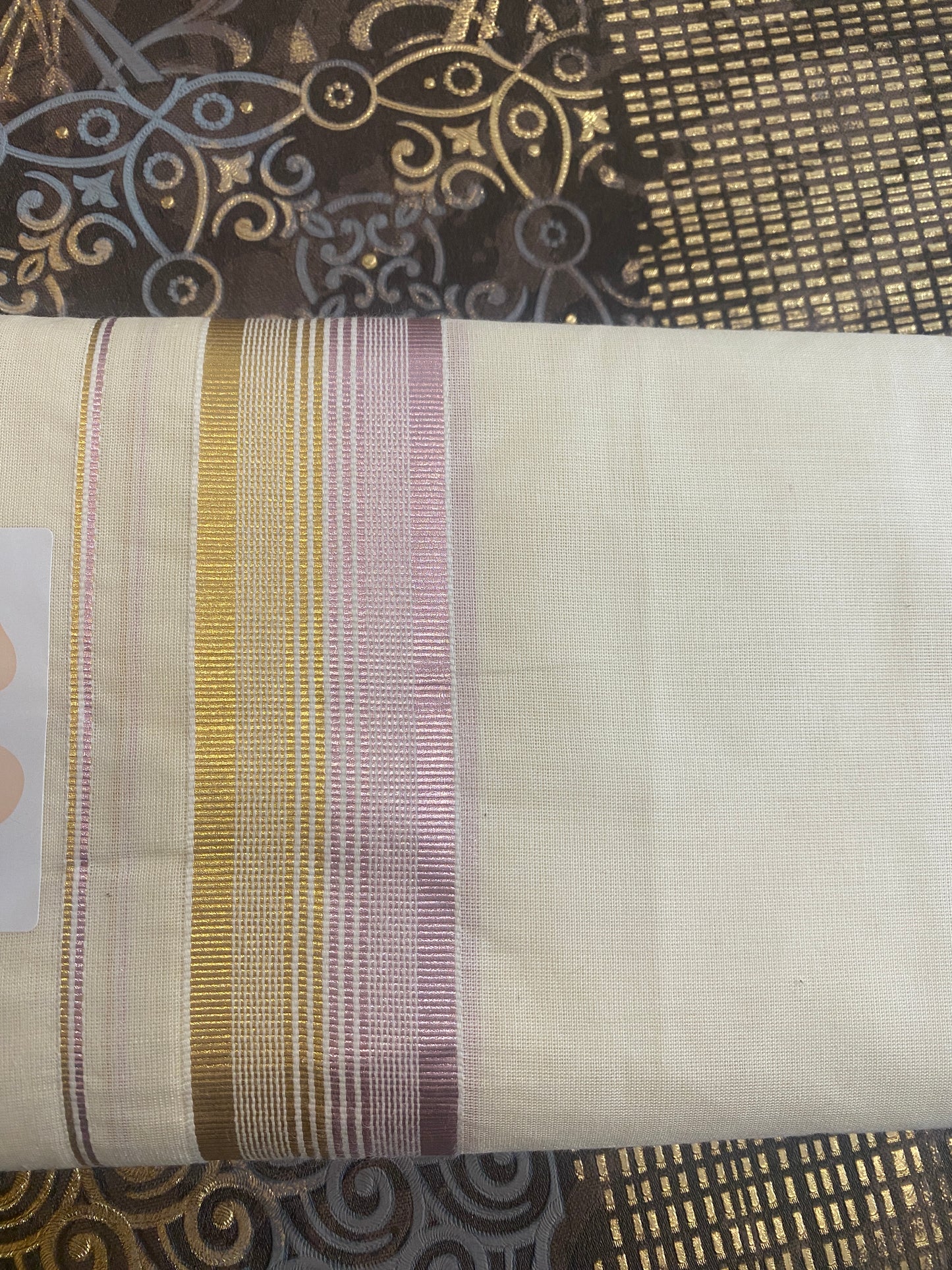 Handloom Double Dhothi ( Golden & Rose Gold Zari )