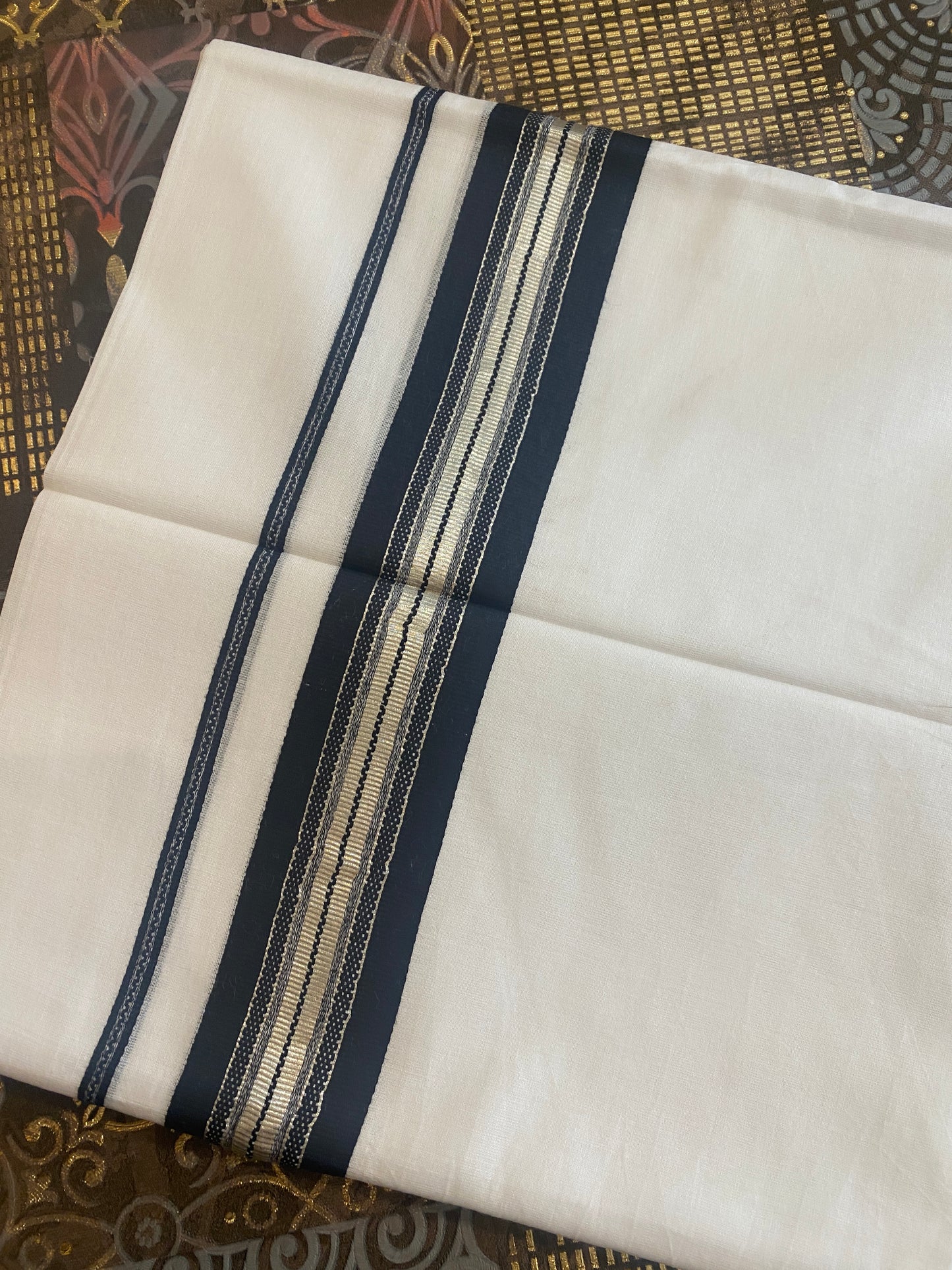 Handloom Double Dhothi ( Black & Silver Zari Border )