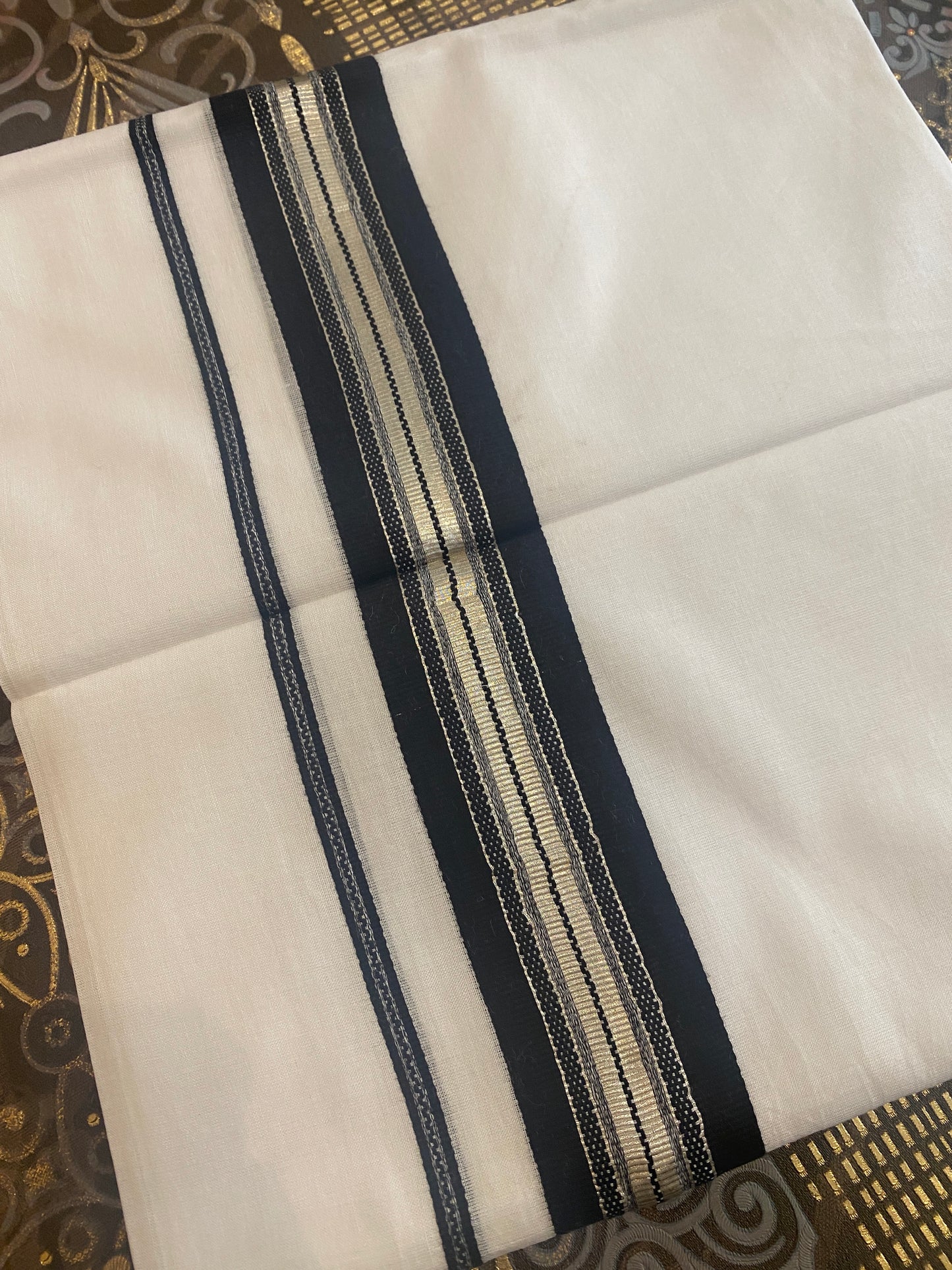 Handloom Double Dhothi ( Black & Silver Zari Border )