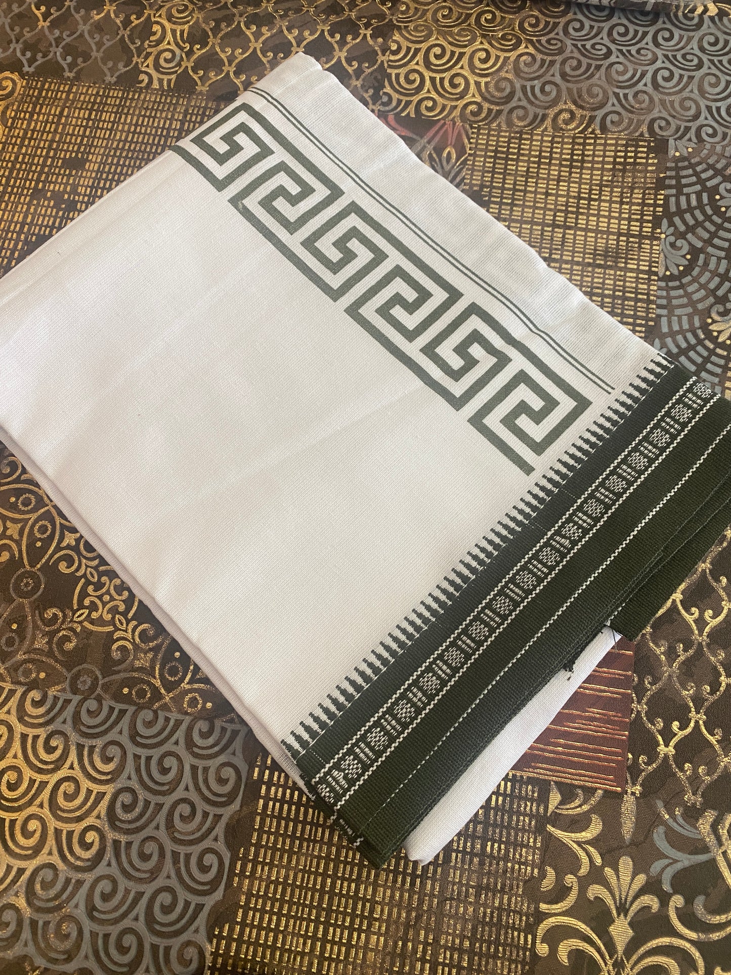 White Mundu ( Dhoti ) With Printed Kara