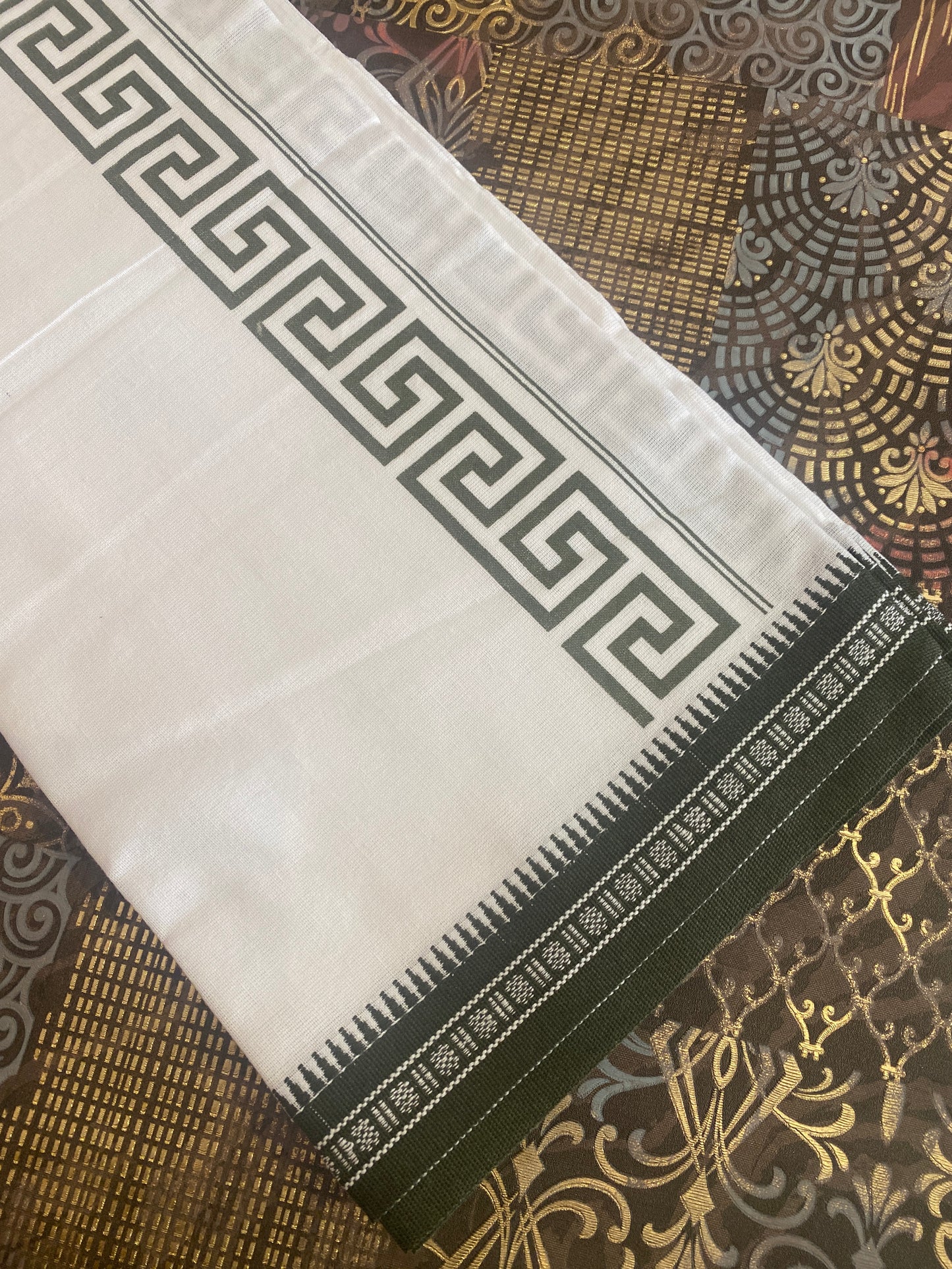 White Mundu ( Dhoti ) With Printed Kara