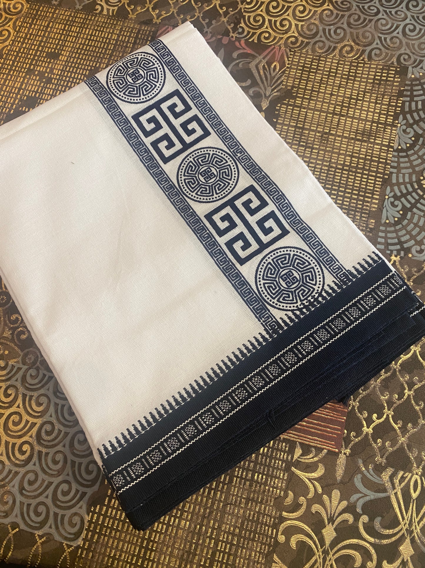 White Mundu ( Dhoti ) With Printed Kara