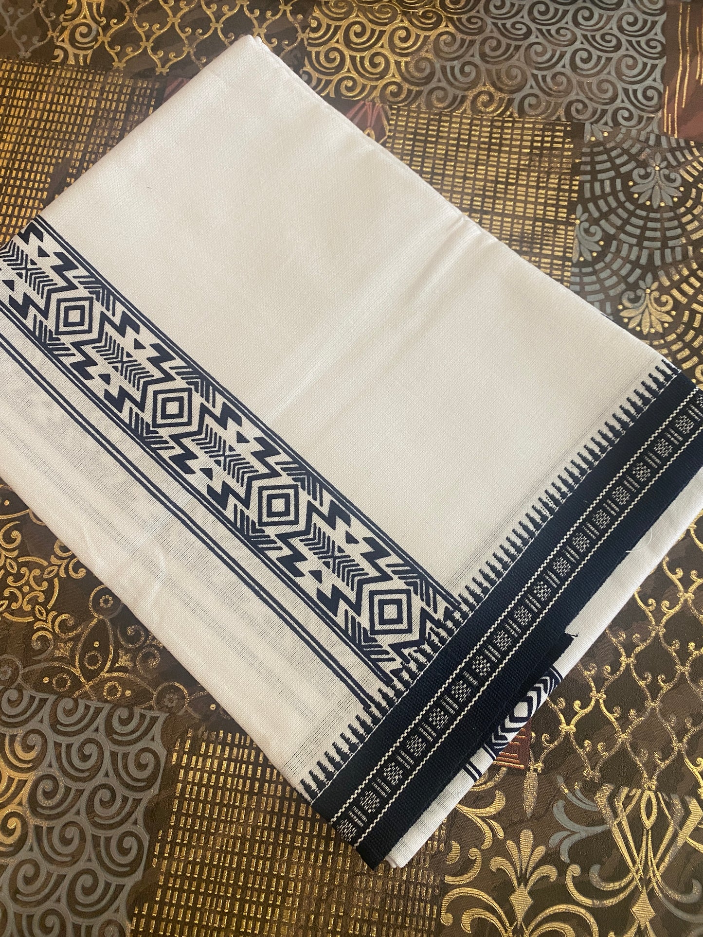 White Mundu ( Dhoti ) With Printed Kara