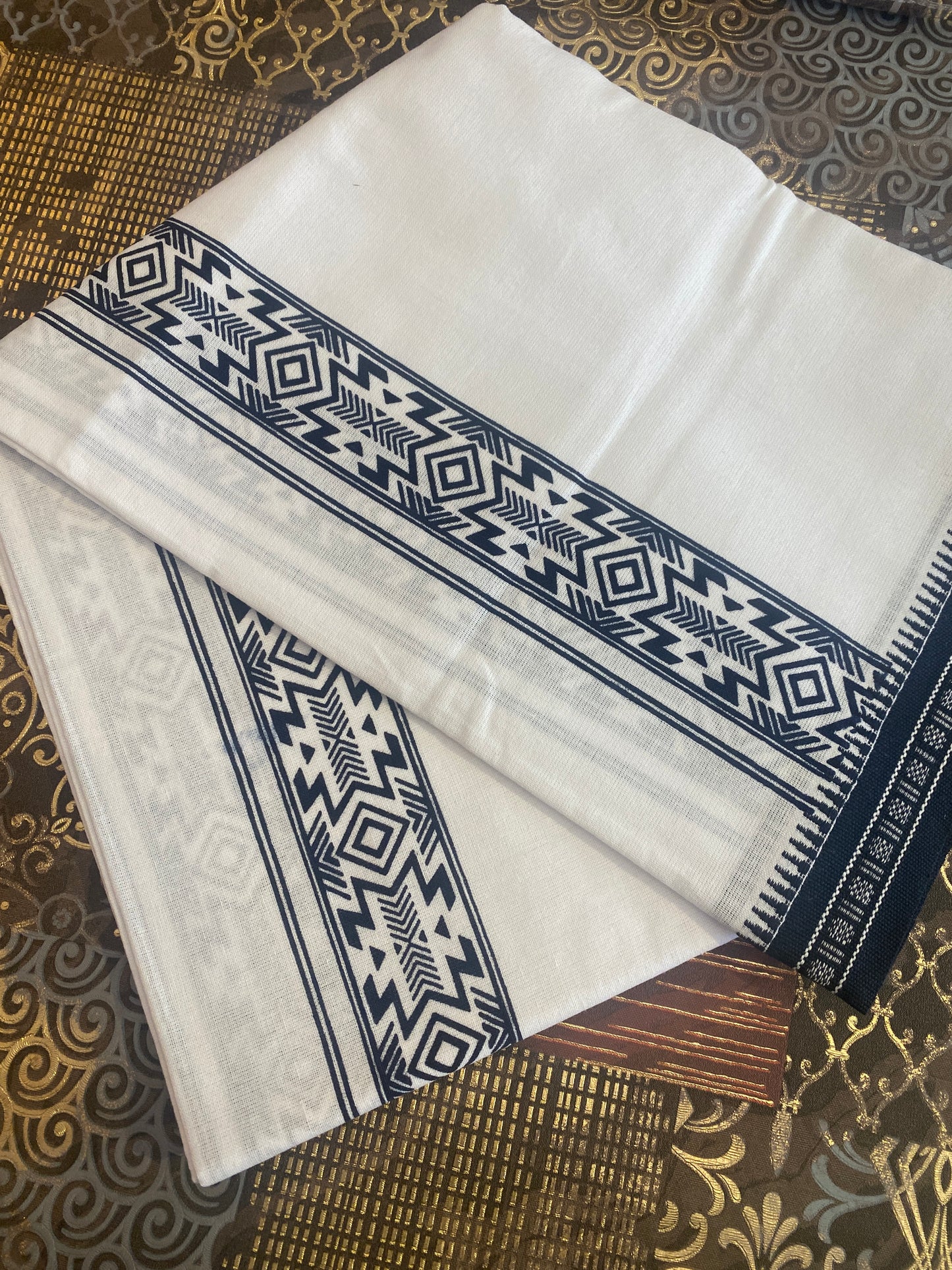 White Mundu ( Dhoti ) With Printed Kara