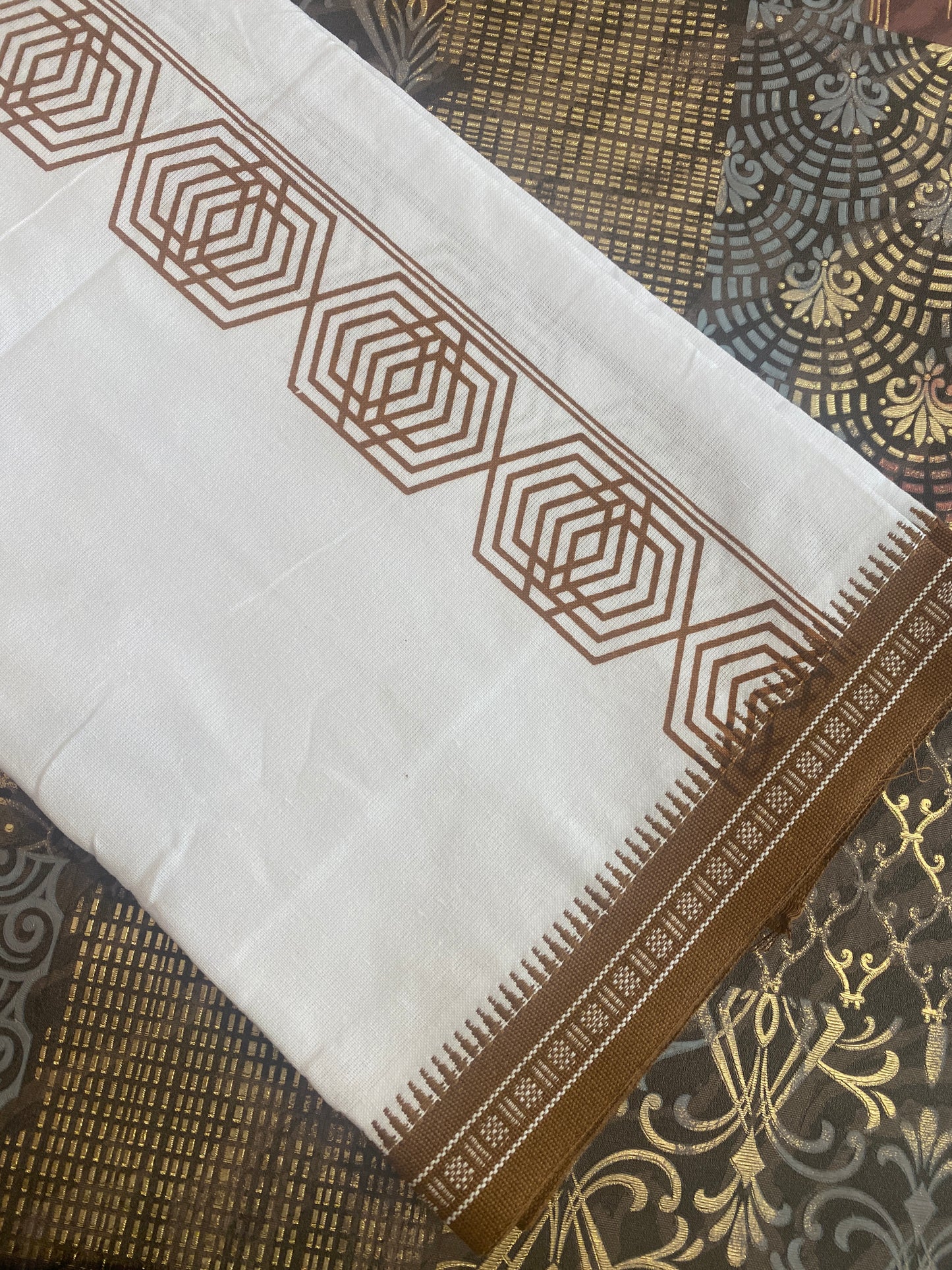 White Mundu ( Dhoti ) With Printed Kara
