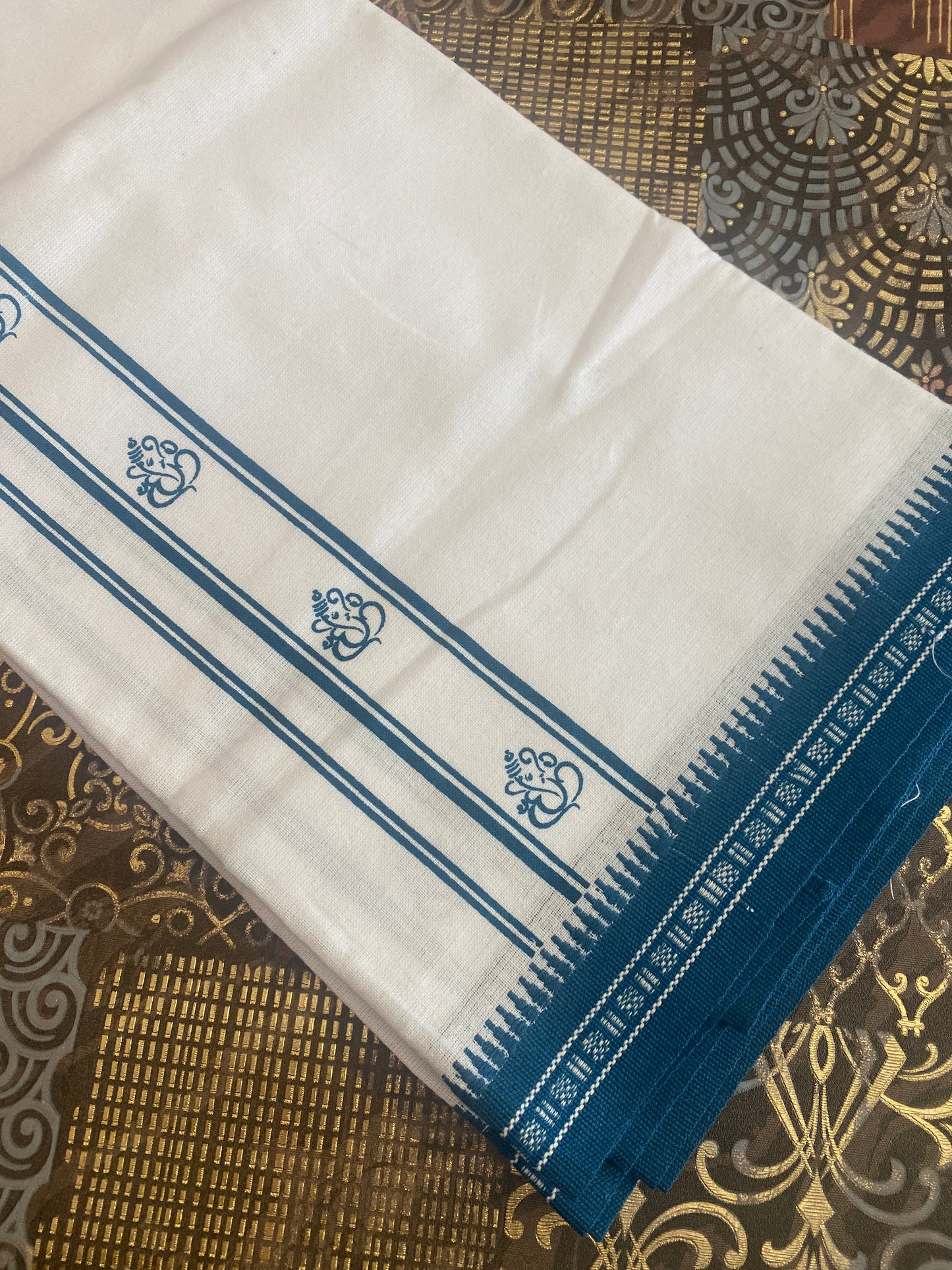 White Mundu ( Dhoti ) With Printed Kara