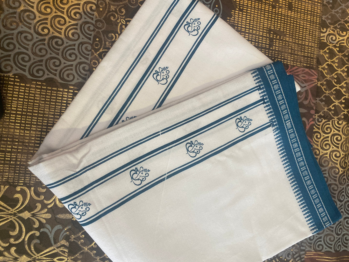 White Mundu ( Dhoti ) With Printed Kara