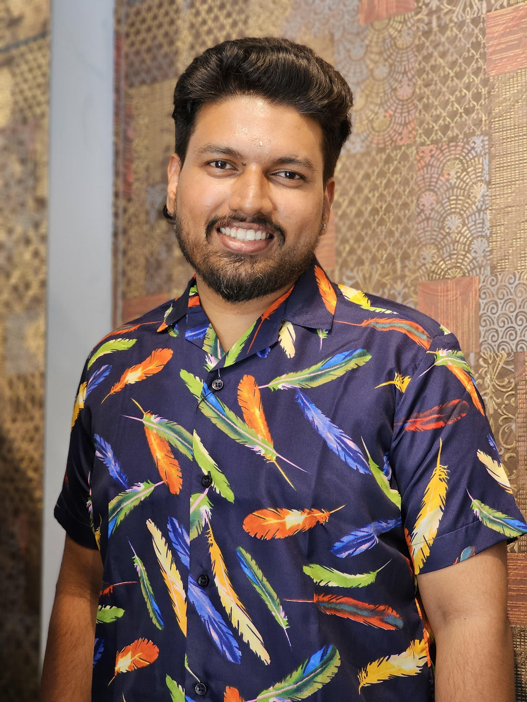 Feather Printed Cuban Collar Shirt