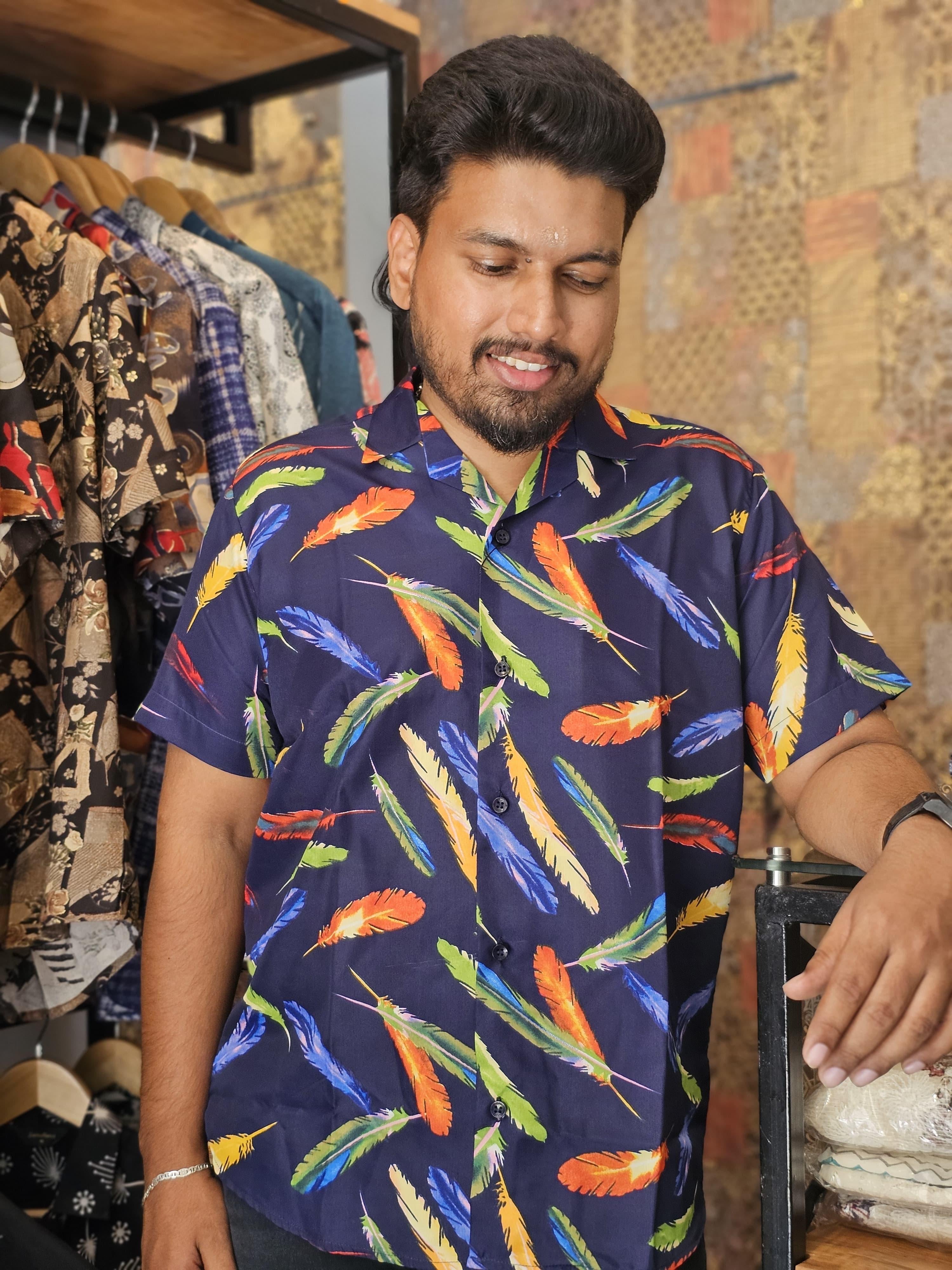 Feather Printed Cuban Collar Shirt