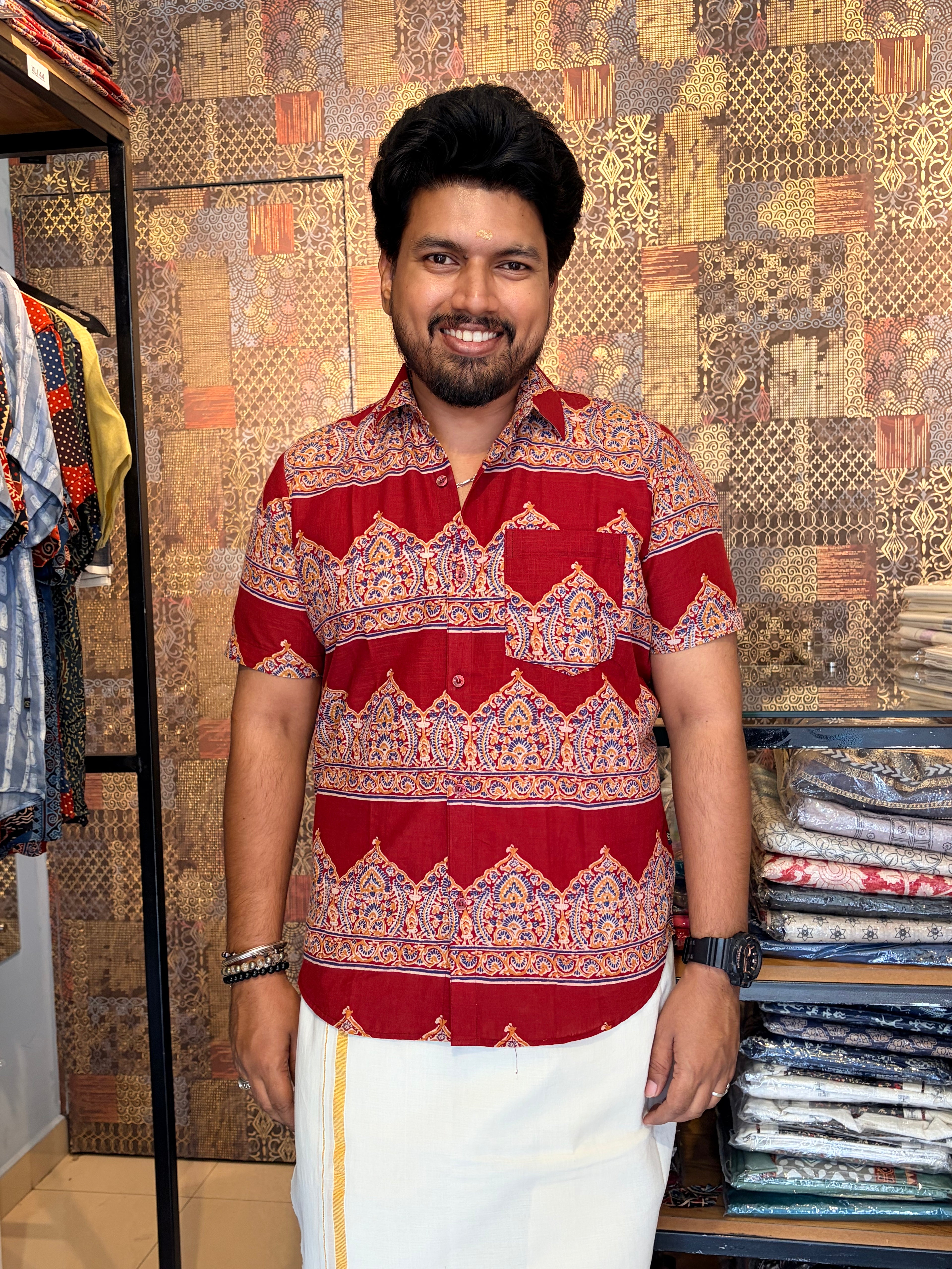 Gopuram Handblock Printed Cotton Shirt