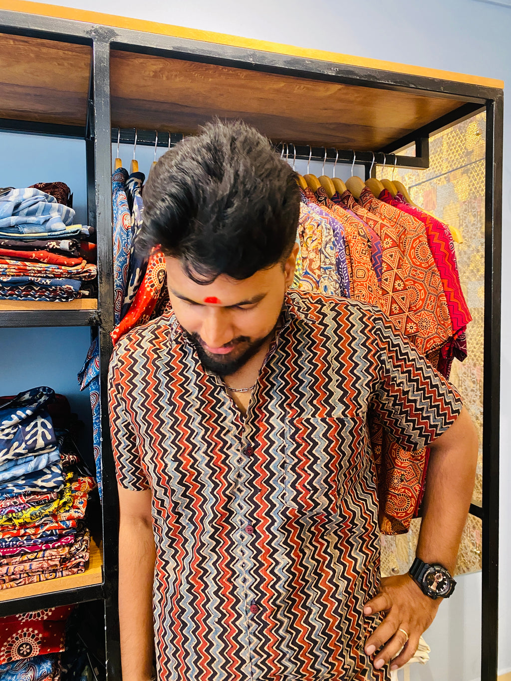 Vakrarekha - Black & Red Pure Cotton Hand Block Print Shirt