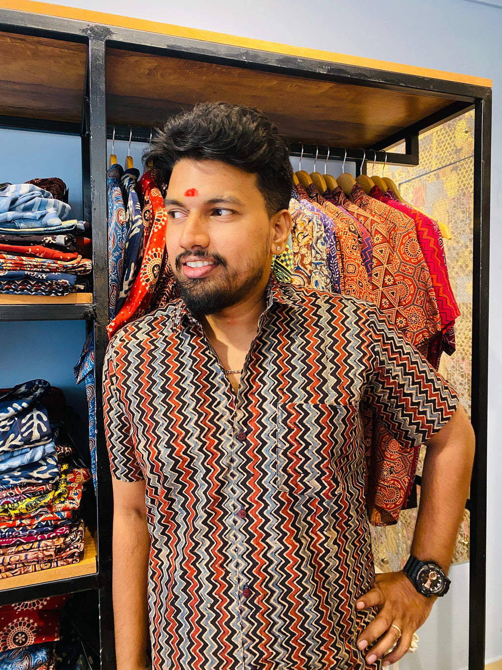 Vakrarekha - Black & Red Pure Cotton Hand Block Print Shirt