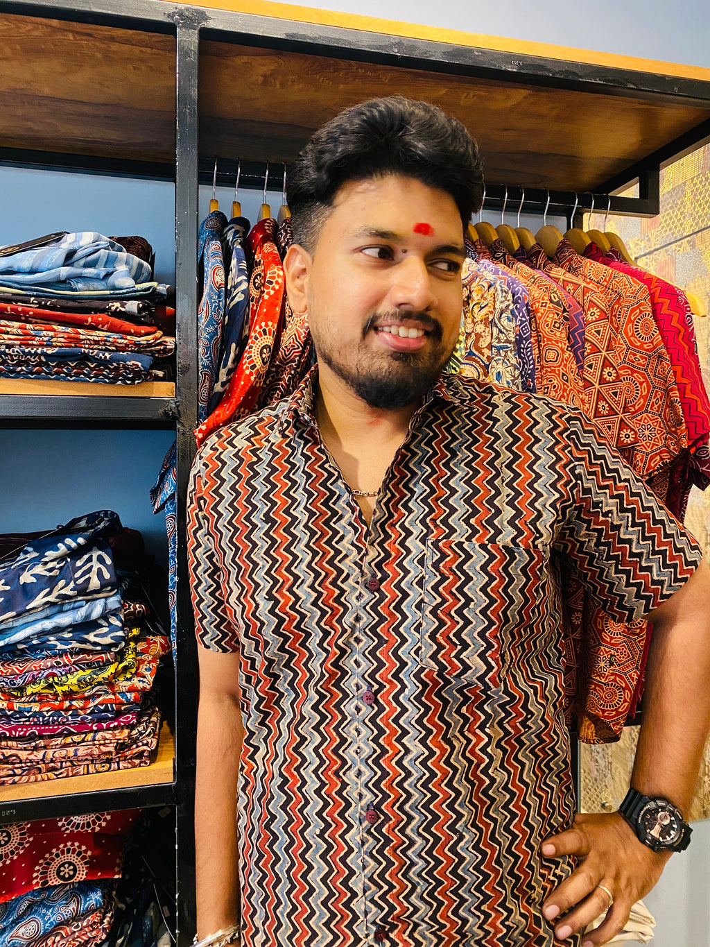 Vakrarekha - Black & Red Pure Cotton Hand Block Print Shirt