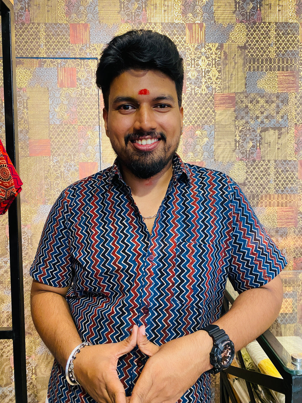 Vakrarekha - Blue Pure  Cotton Hand Block Print  Shirt