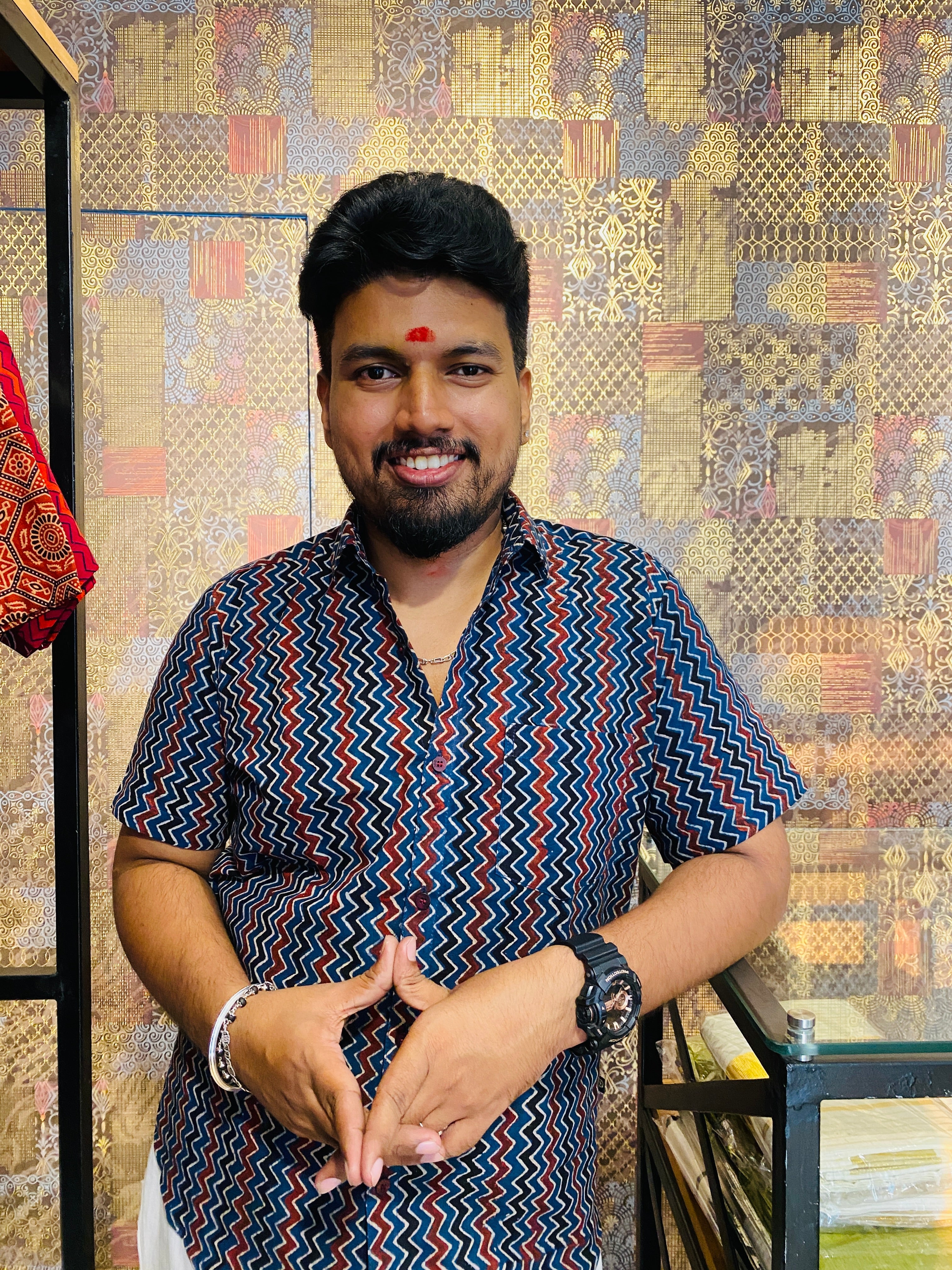 Vakrarekha - Blue Pure  Cotton Hand Block Print  Shirt