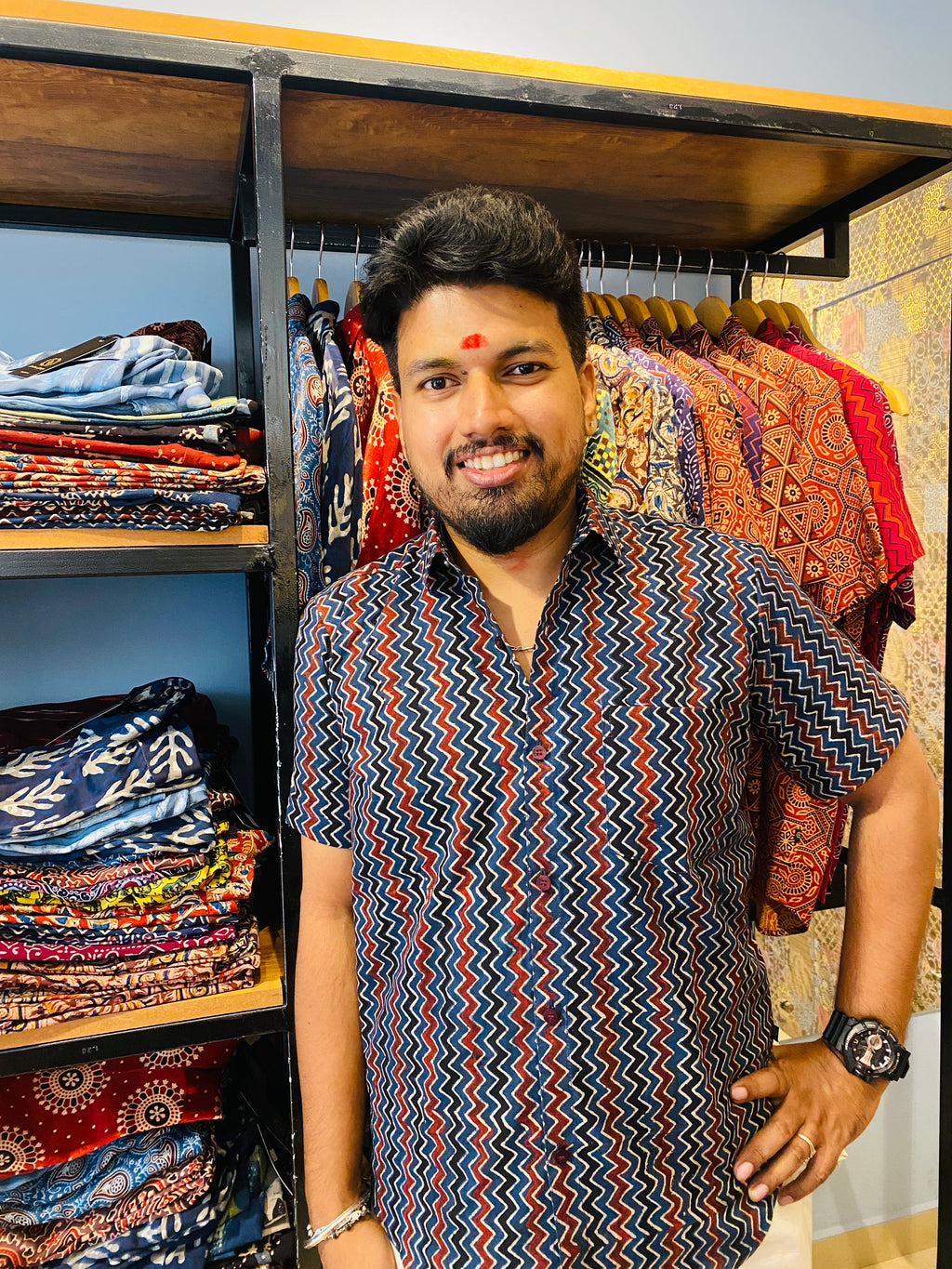 Vakrarekha - Blue Pure  Cotton Hand Block Print  Shirt