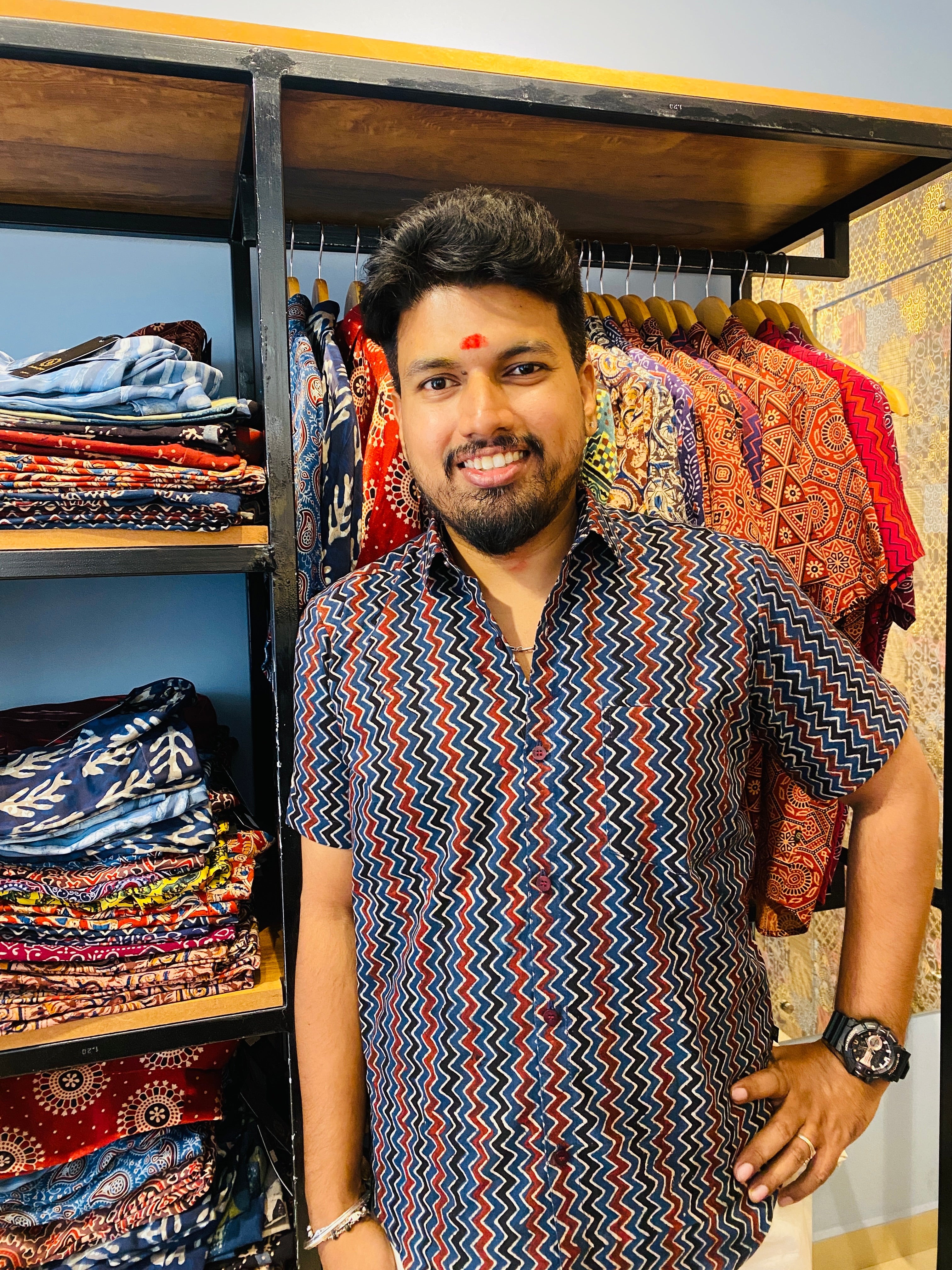 Vakrarekha - Blue Pure  Cotton Hand Block Print  Shirt