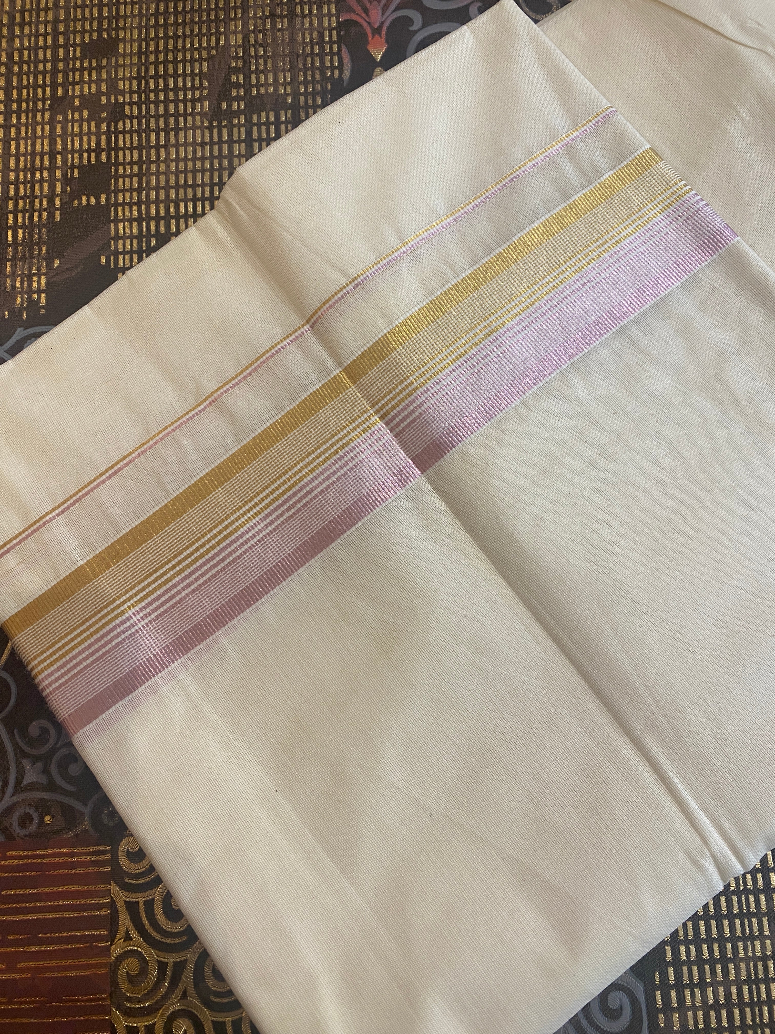 Hemaruna - Handloom Double Dhothi ( Golden & Rose Gold Zari )