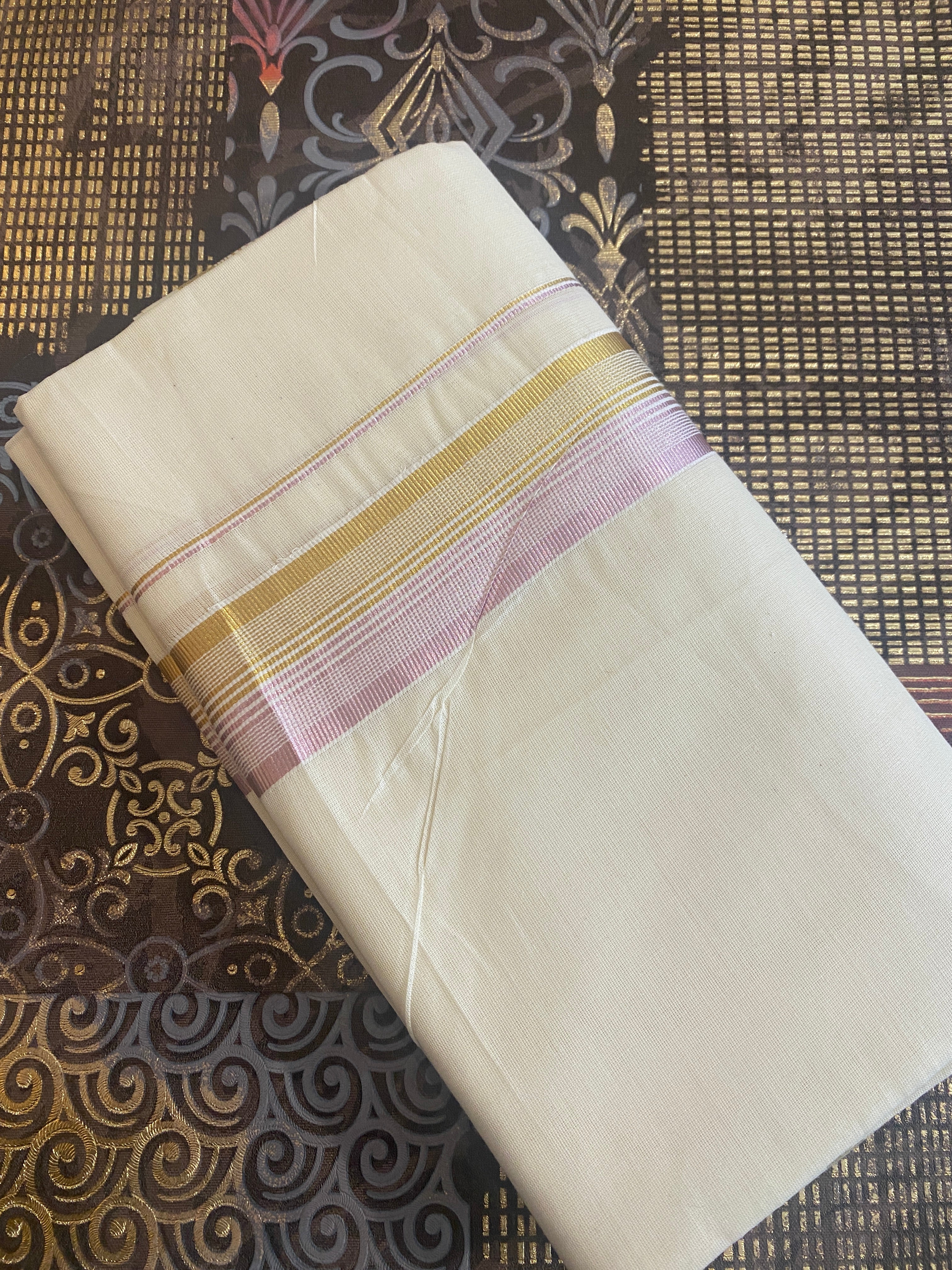 Hemaruna - Handloom Double Dhothi ( Golden & Rose Gold Zari )
