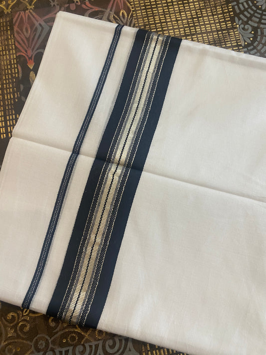 Handloom Double Dhothi ( Black & Silver Zari Border )