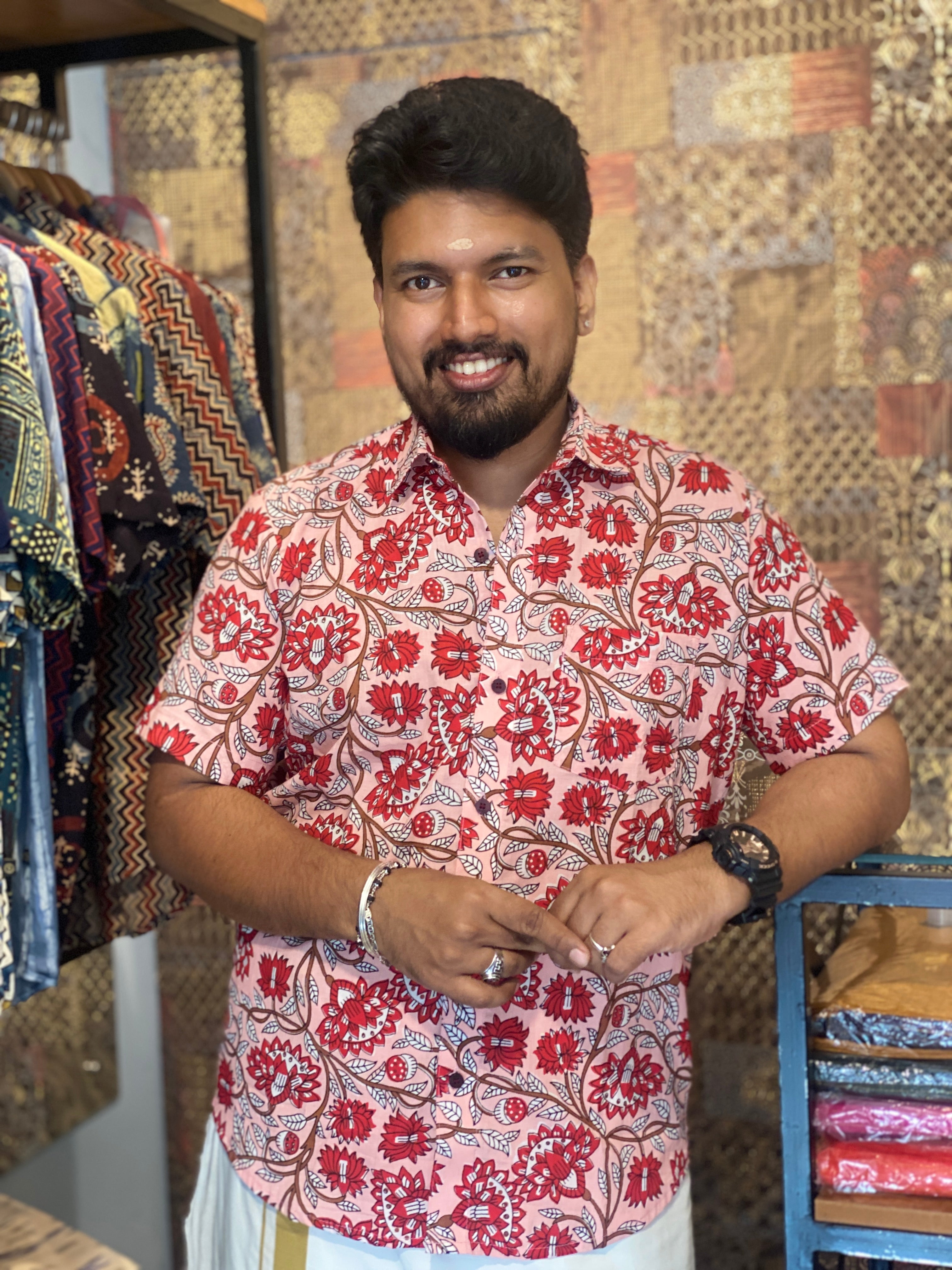 Pink Floral Printed Cotton Shirt