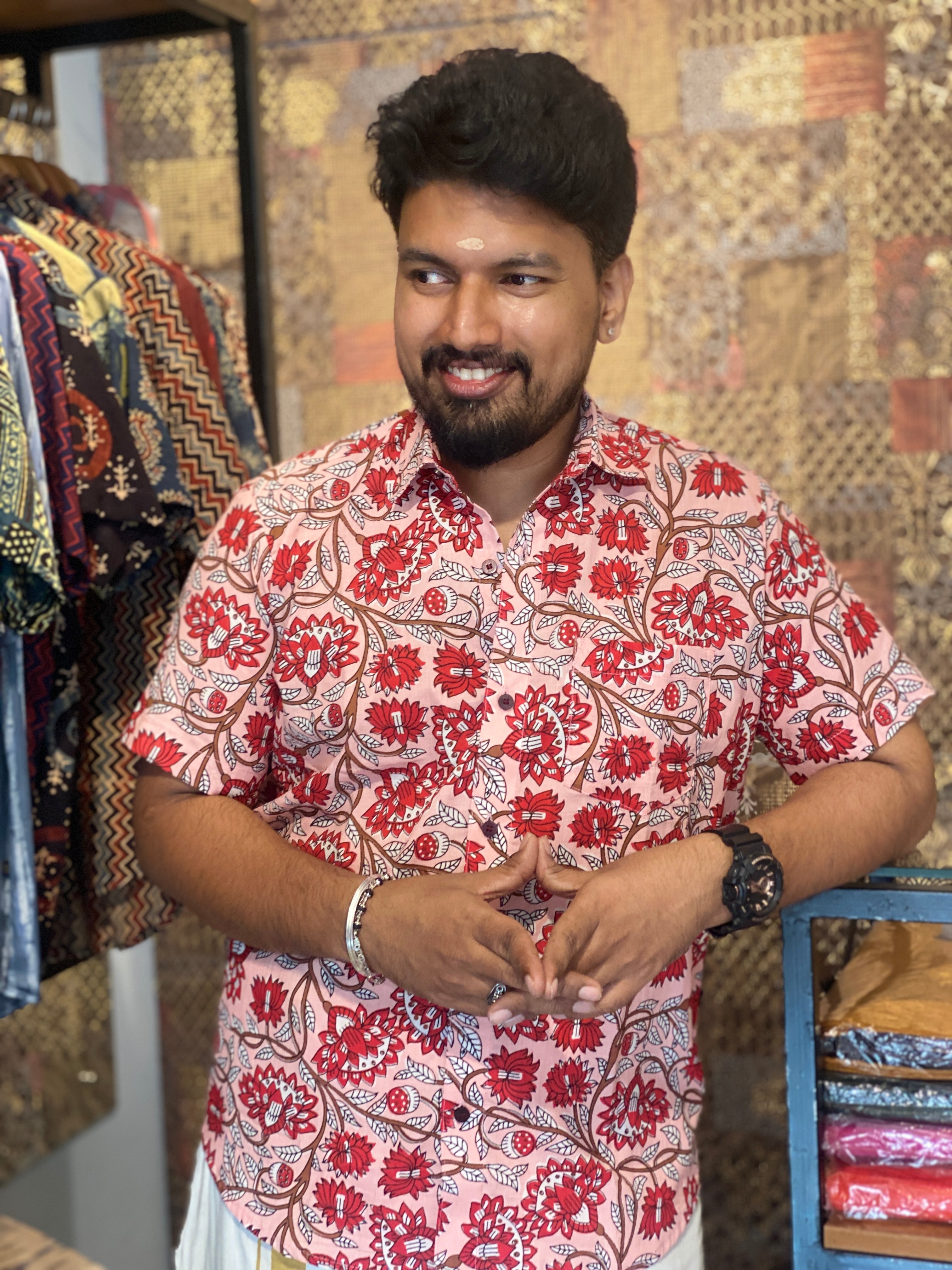 Pink Floral Printed Cotton Shirt