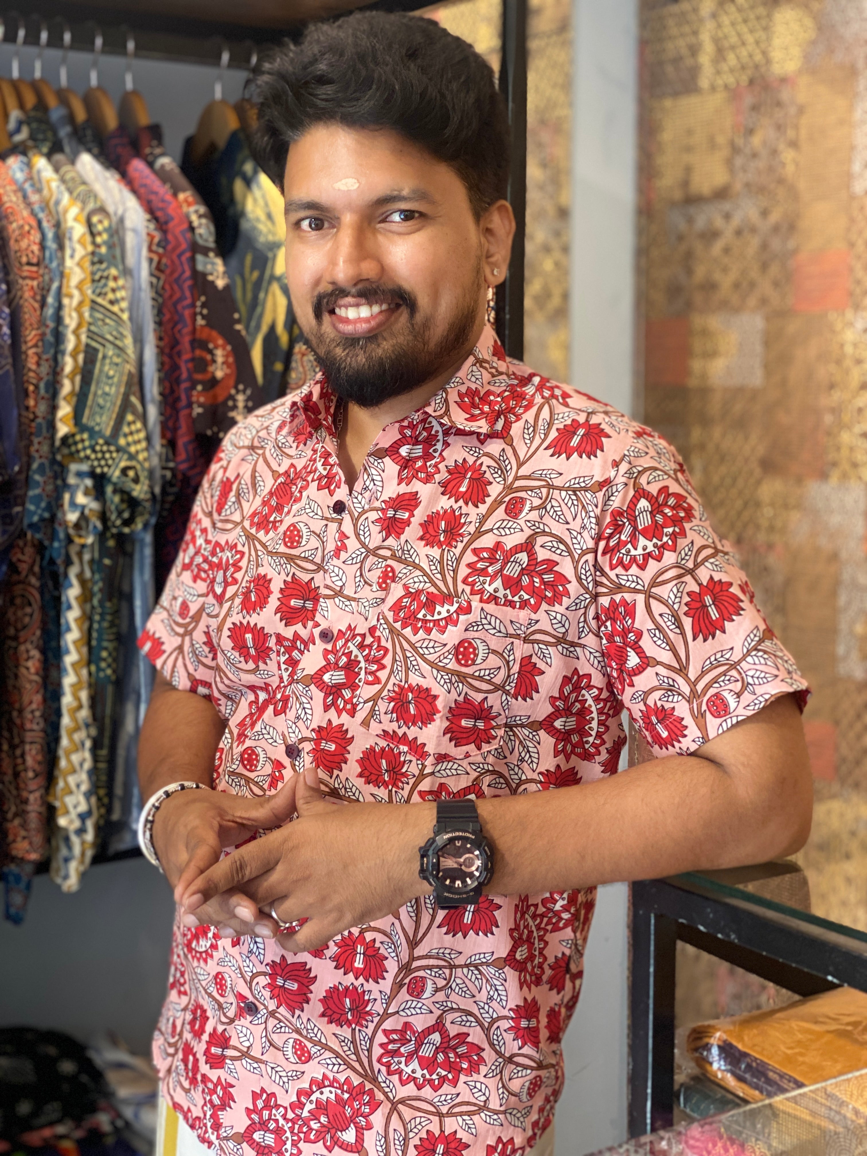 Pink Floral Printed Cotton Shirt