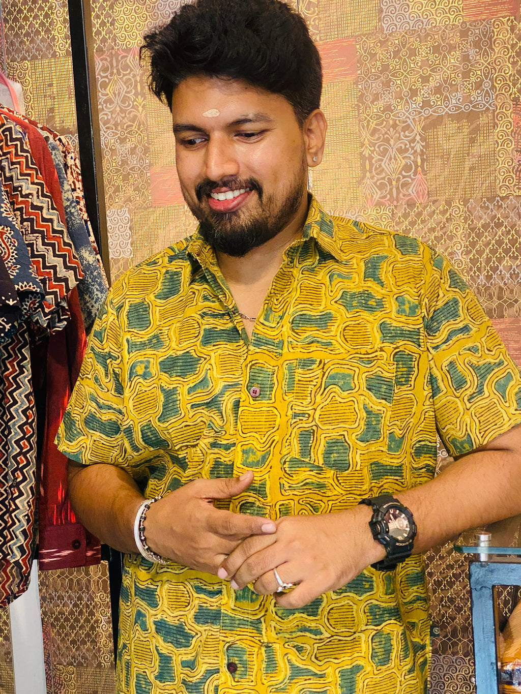 Haritham - Yellow & Green Pure Cotton Hand block Print Shirt