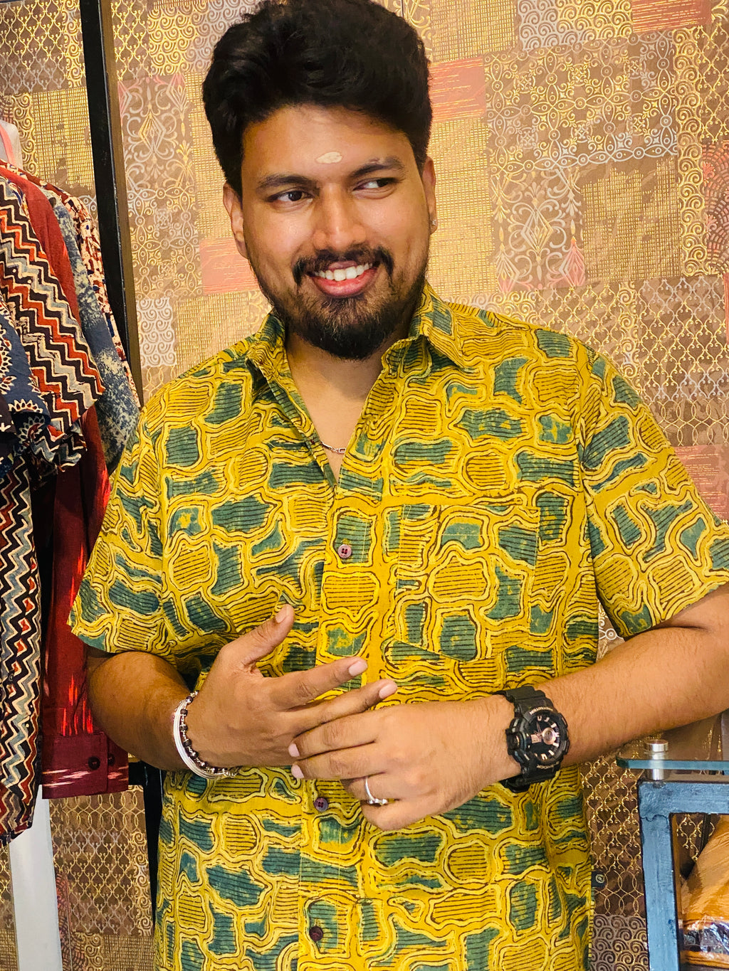 Haritham - Yellow & Green Pure Cotton Hand block Print Shirt