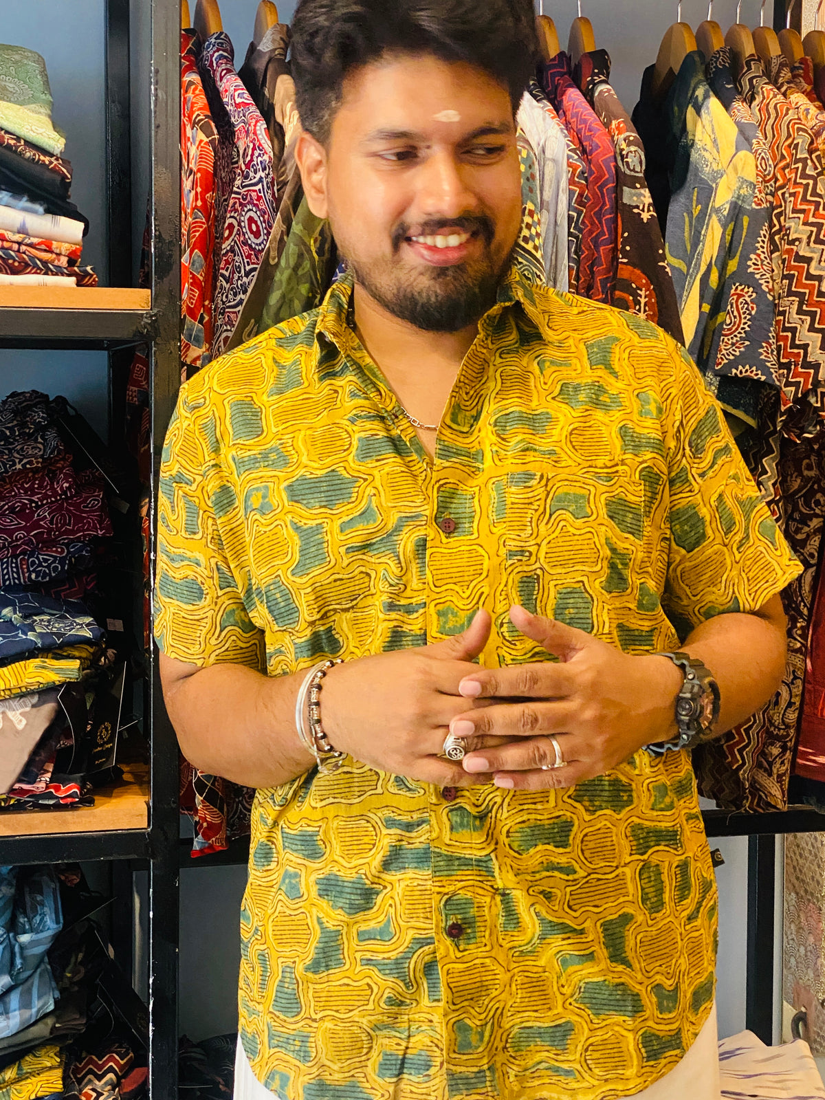 Haritham - Yellow & Green Pure Cotton Hand block Print Shirt