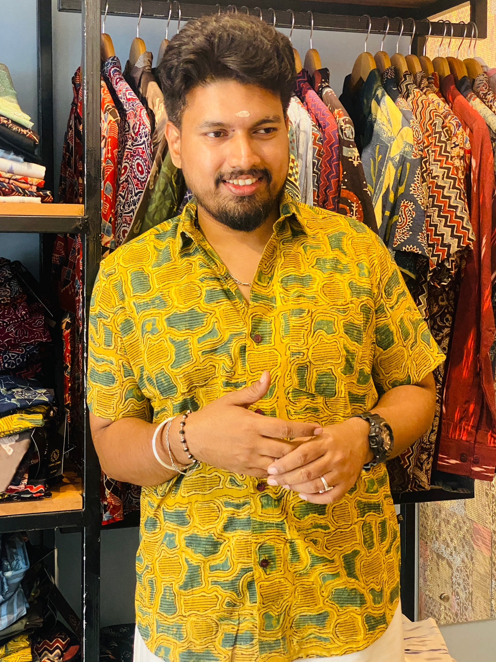 Haritham - Yellow & Green Pure Cotton Hand block Print Shirt