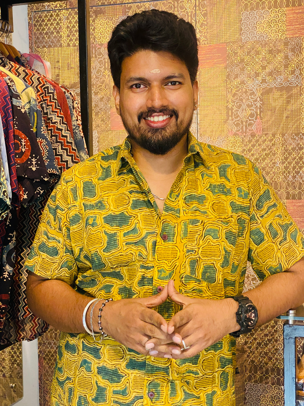 Haritham - Yellow & Green Pure Cotton Hand block Print Shirt