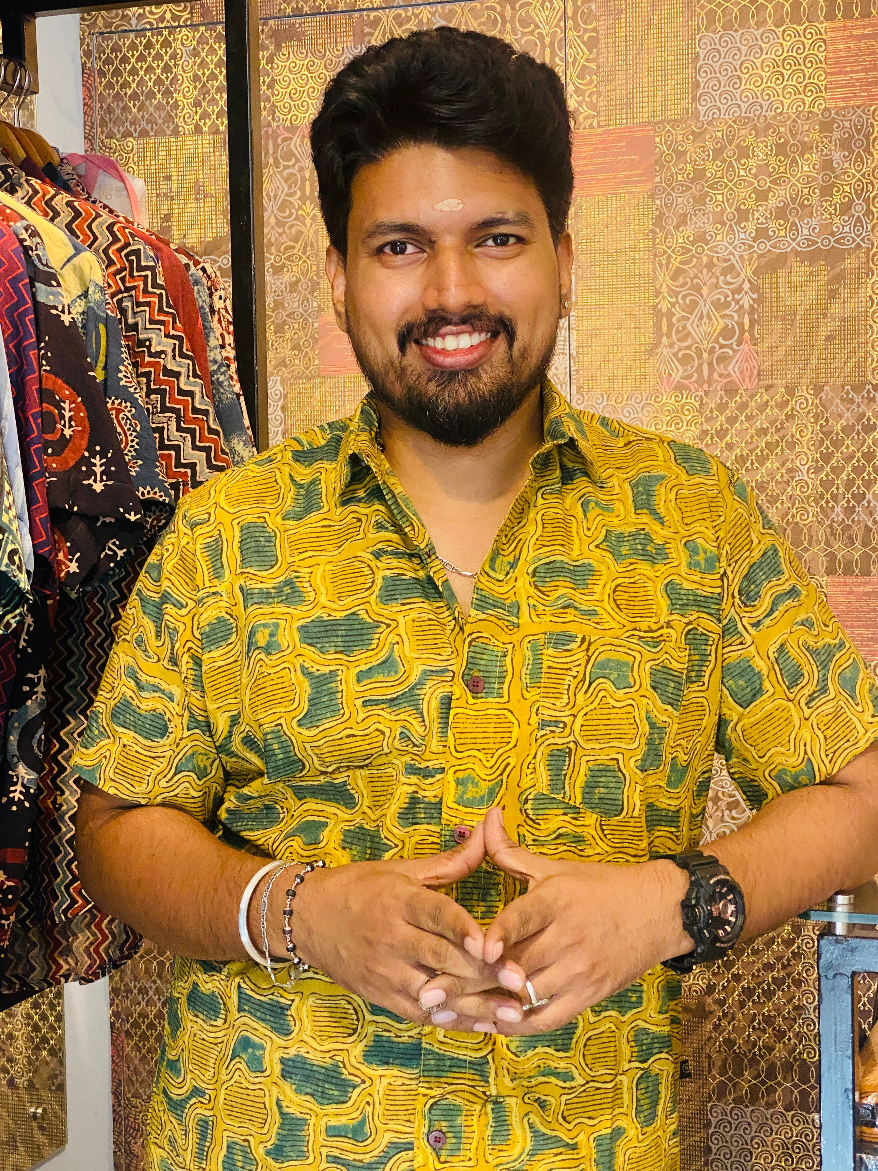 Haritham - Yellow & Green Pure Cotton Hand block Print Shirt