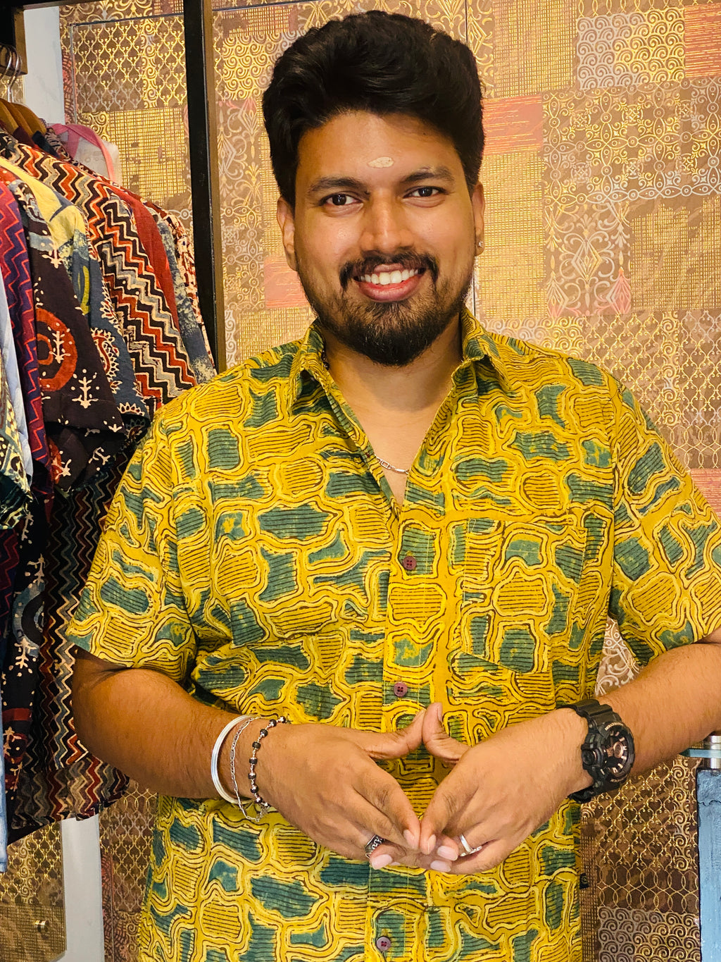Haritham - Yellow & Green Pure Cotton Hand block Print Shirt