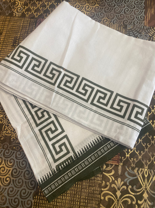 White Mundu ( Dhoti ) With Printed Kara