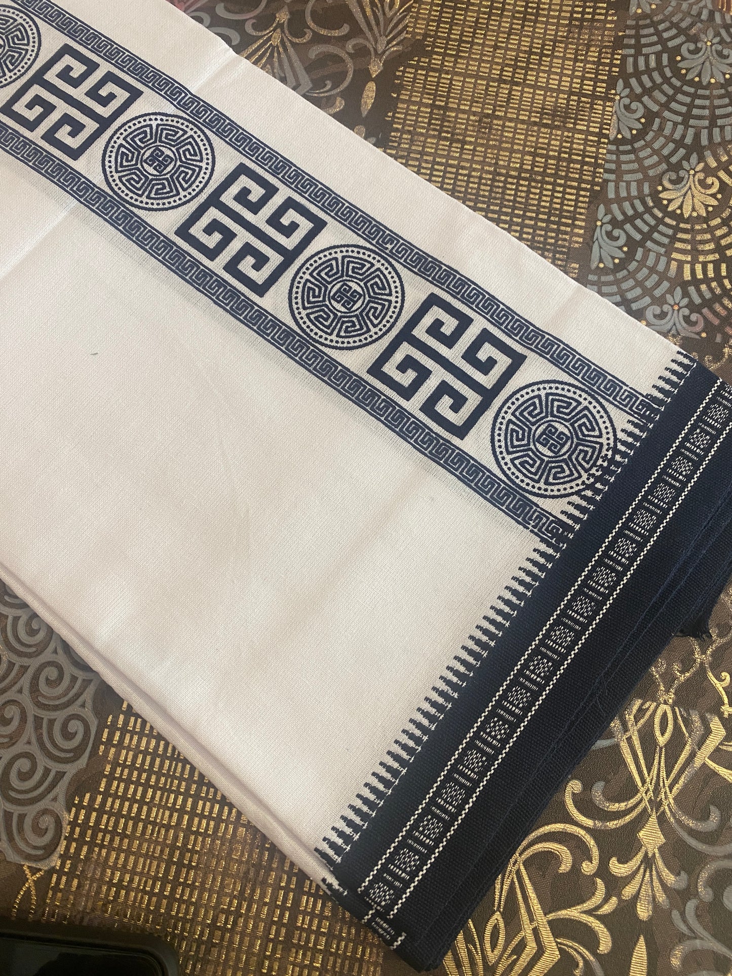 White Mundu ( Dhoti ) With Printed Kara
