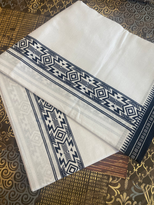 White Mundu ( Dhoti ) With Printed Kara