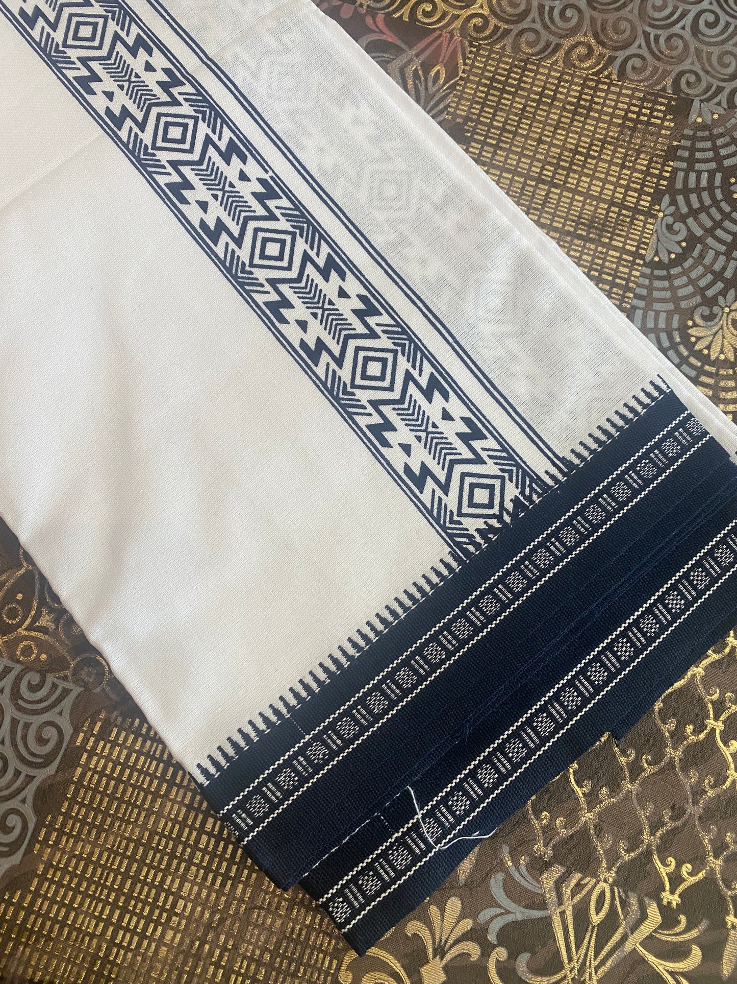 White Mundu ( Dhoti ) With Printed Kara