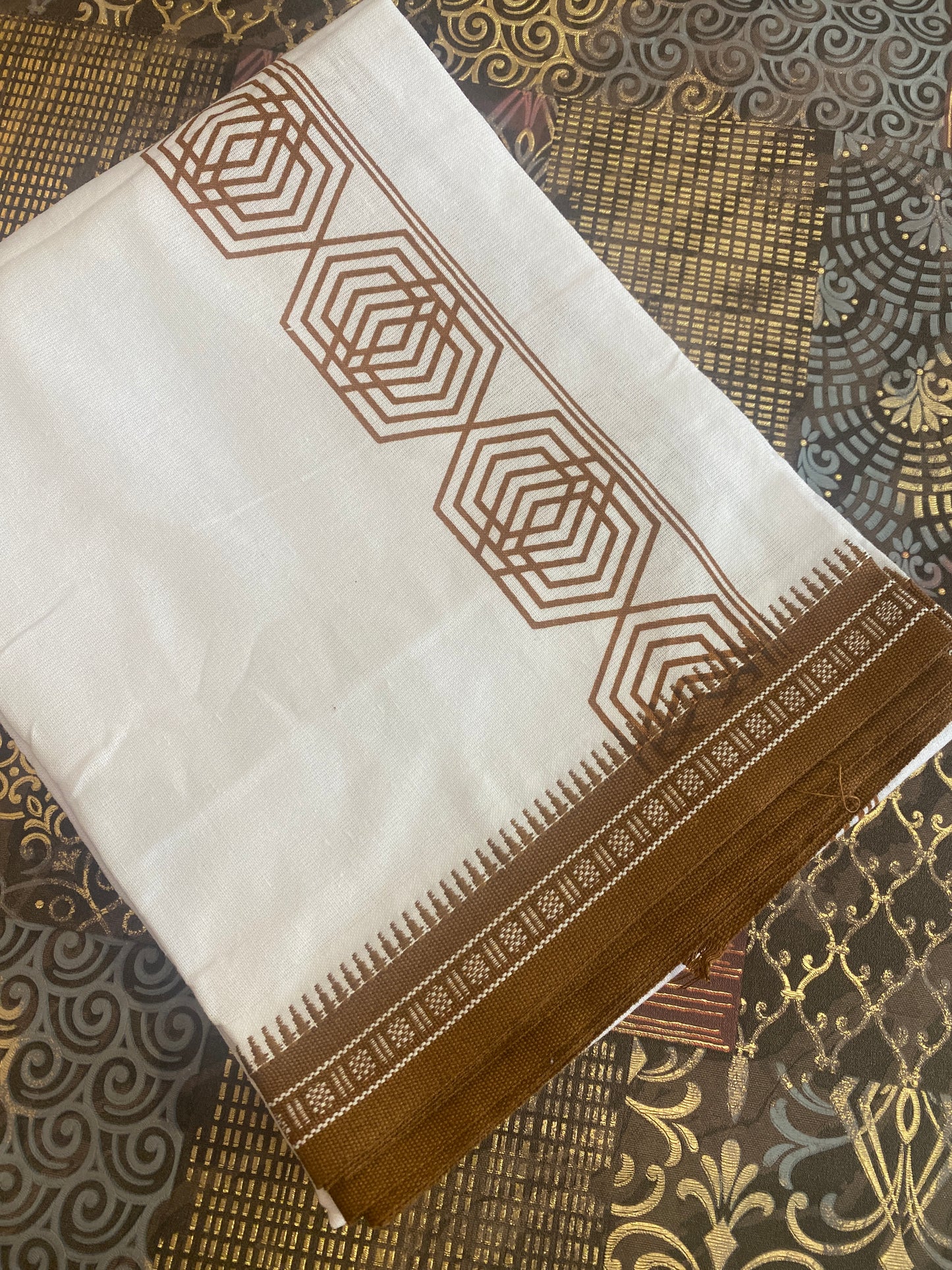 White Mundu ( Dhoti ) With Printed Kara