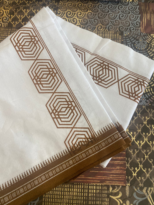 White Mundu ( Dhoti ) With Printed Kara