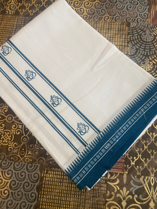 White Mundu ( Dhoti ) With Printed Kara