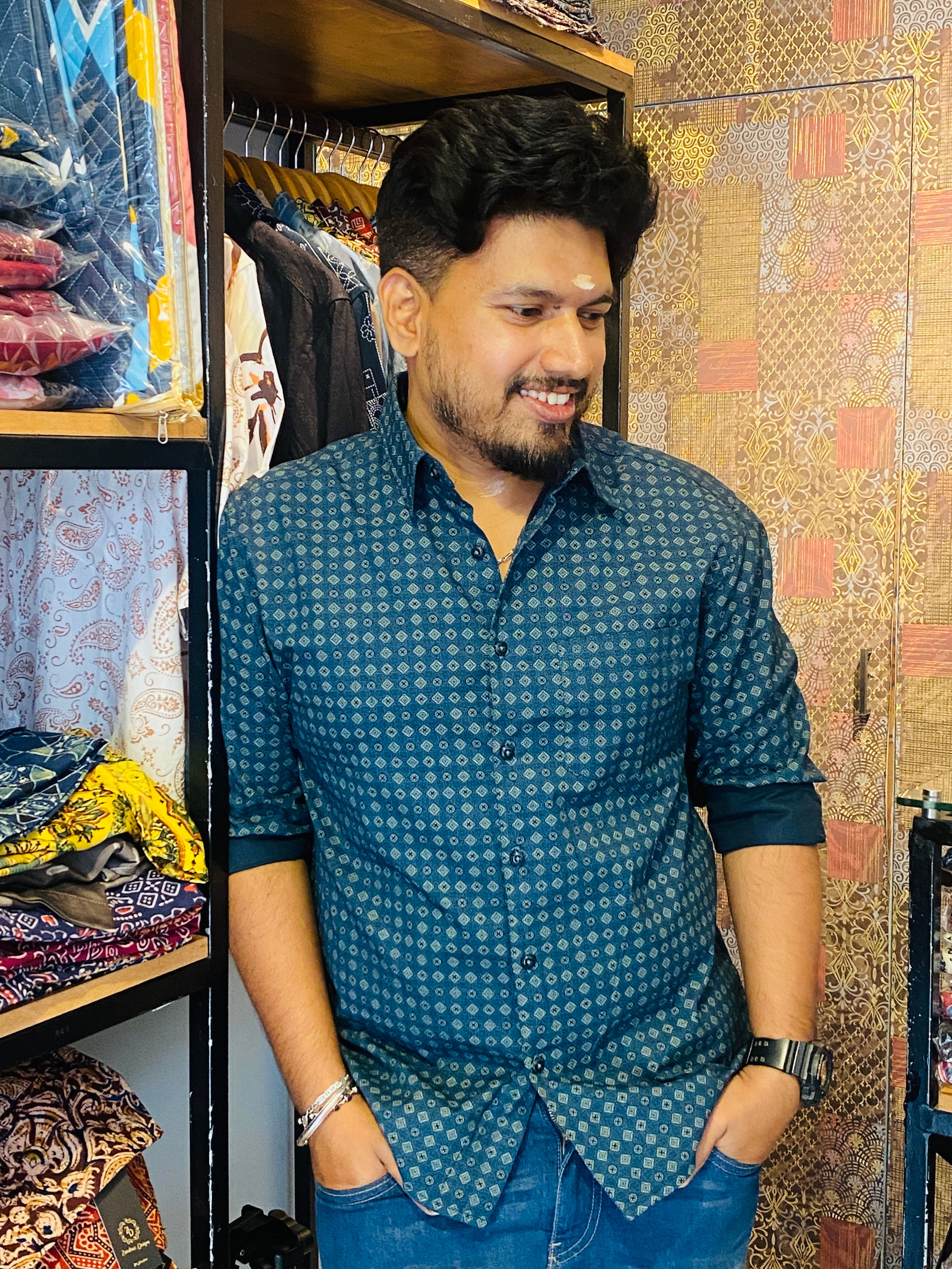 BeZyD AZURE - Blue Printed Full Sleeve Cotton Shirt