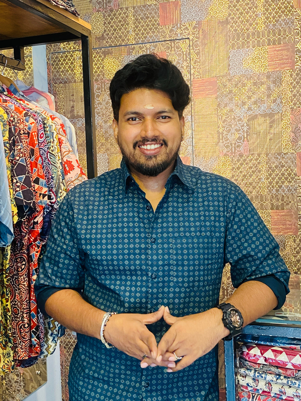 BeZyD AZURE - Blue Printed Full Sleeve Cotton Shirt