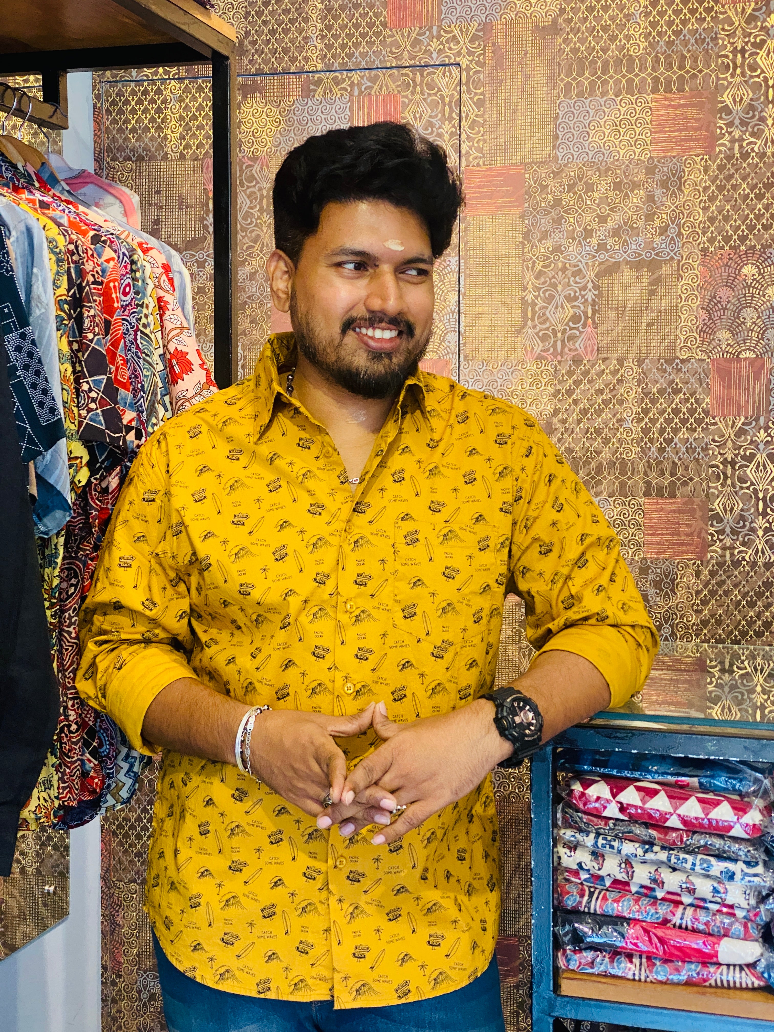 BeZyD RIVIERA - Yellow Beach Vibe Printed Full Sleeve Cotton Shirt