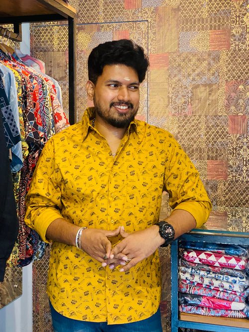BeZyD RIVIERA - Yellow Beach Vibe Printed Full Sleeve Cotton Shirt