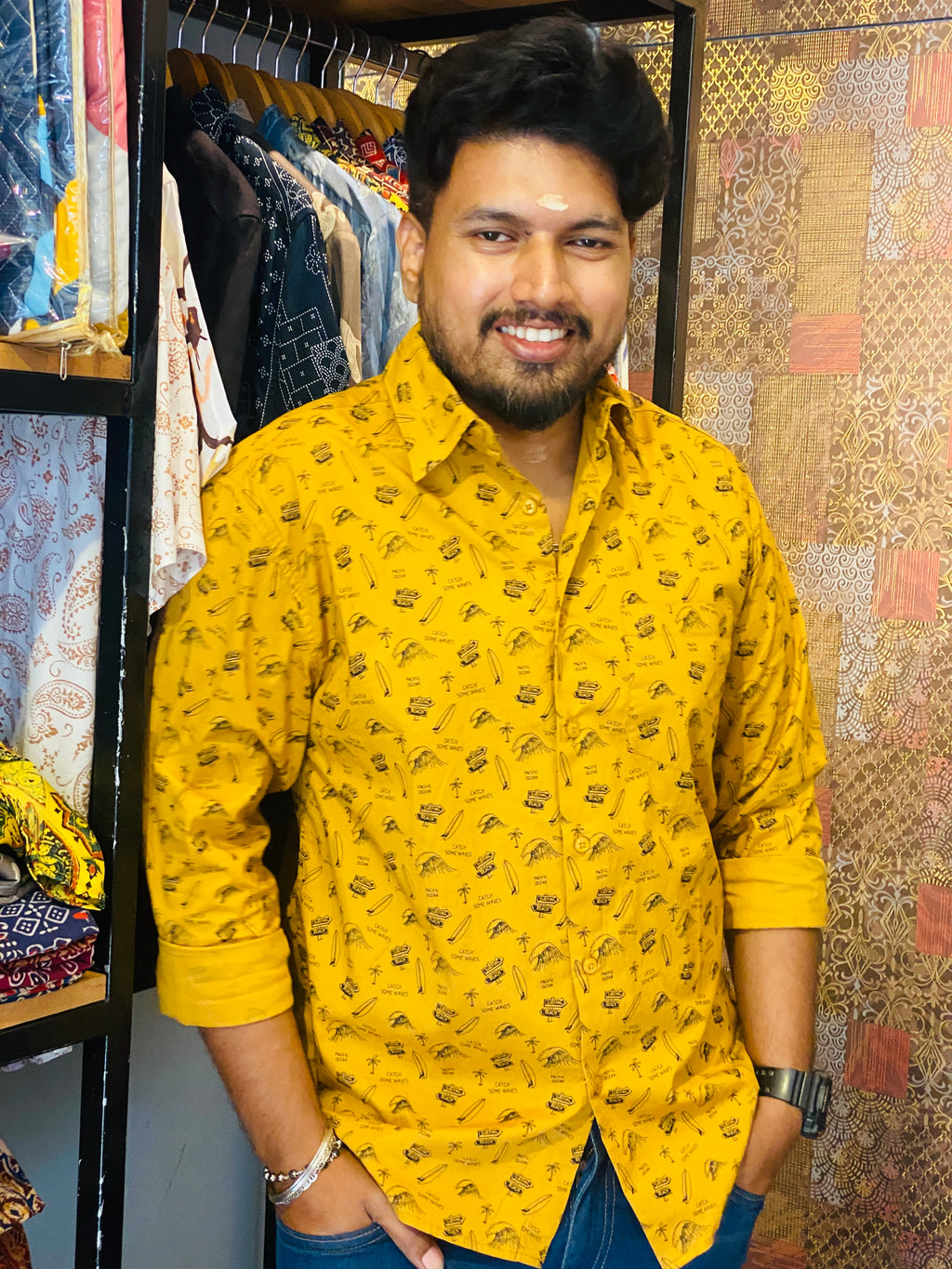 BeZyD RIVIERA - Yellow Beach Vibe Printed Full Sleeve Cotton Shirt