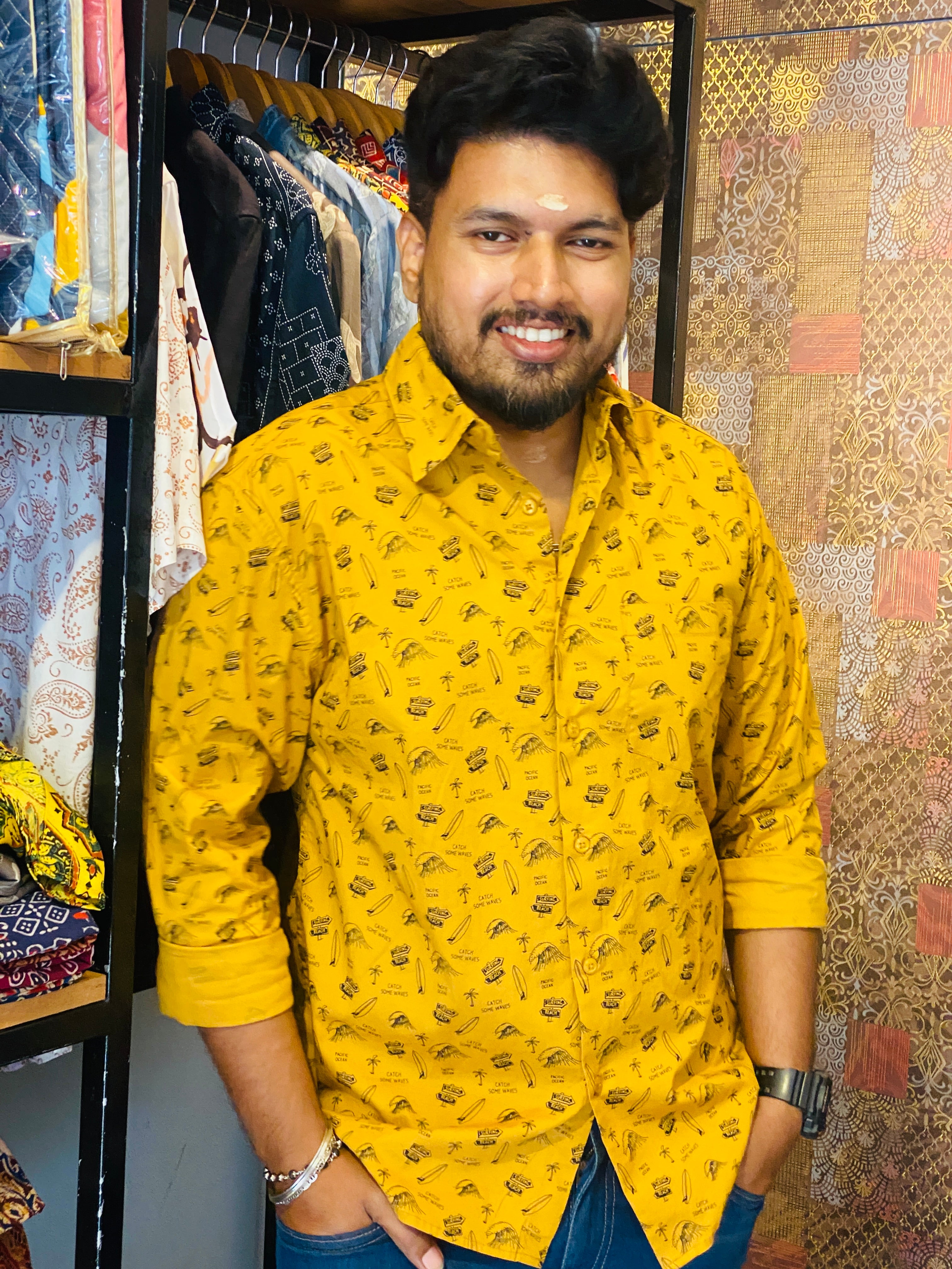 BeZyD RIVIERA - Yellow Beach Vibe Printed Full Sleeve Cotton Shirt