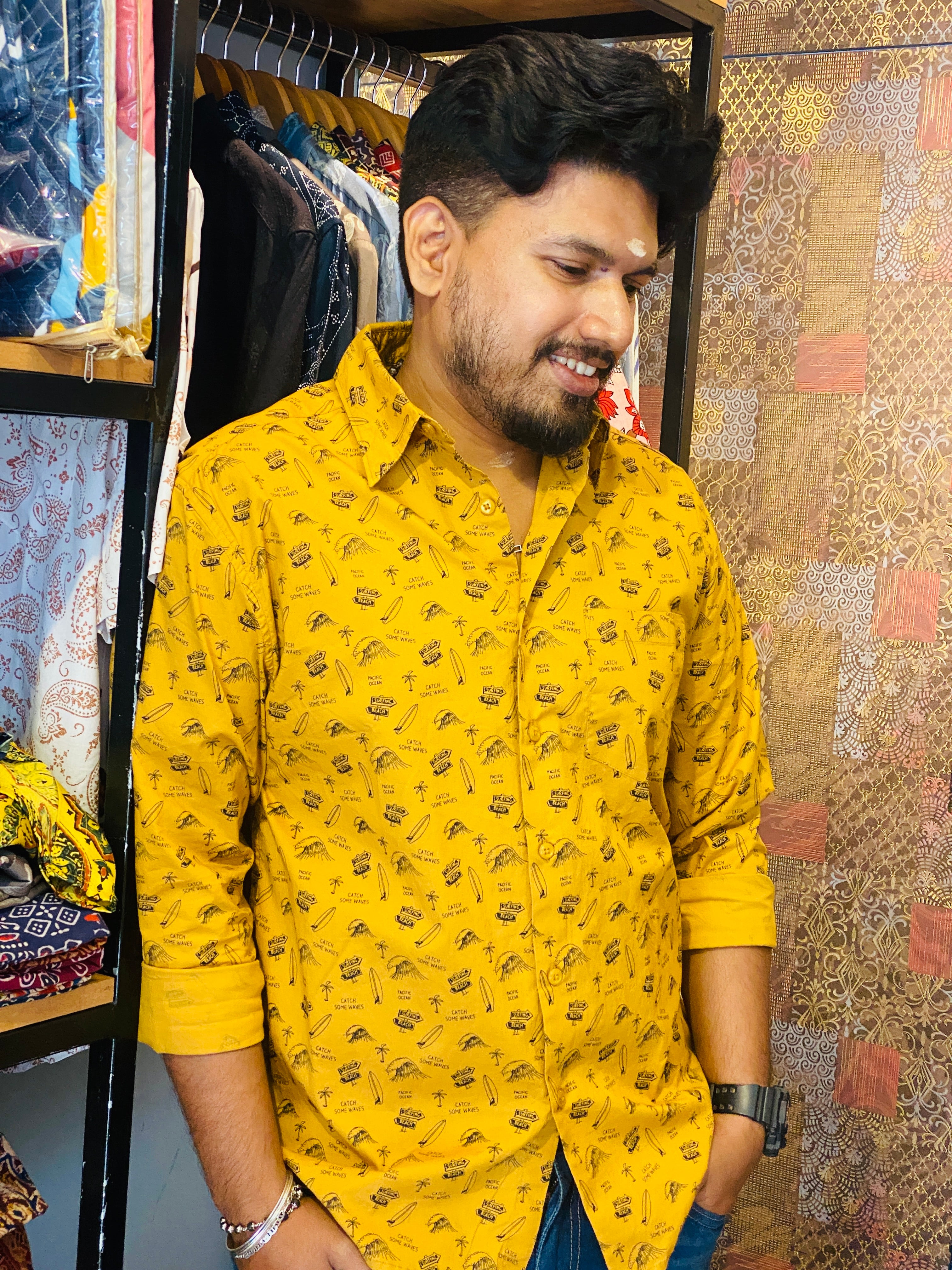 BeZyD RIVIERA - Yellow Beach Vibe Printed Full Sleeve Cotton Shirt