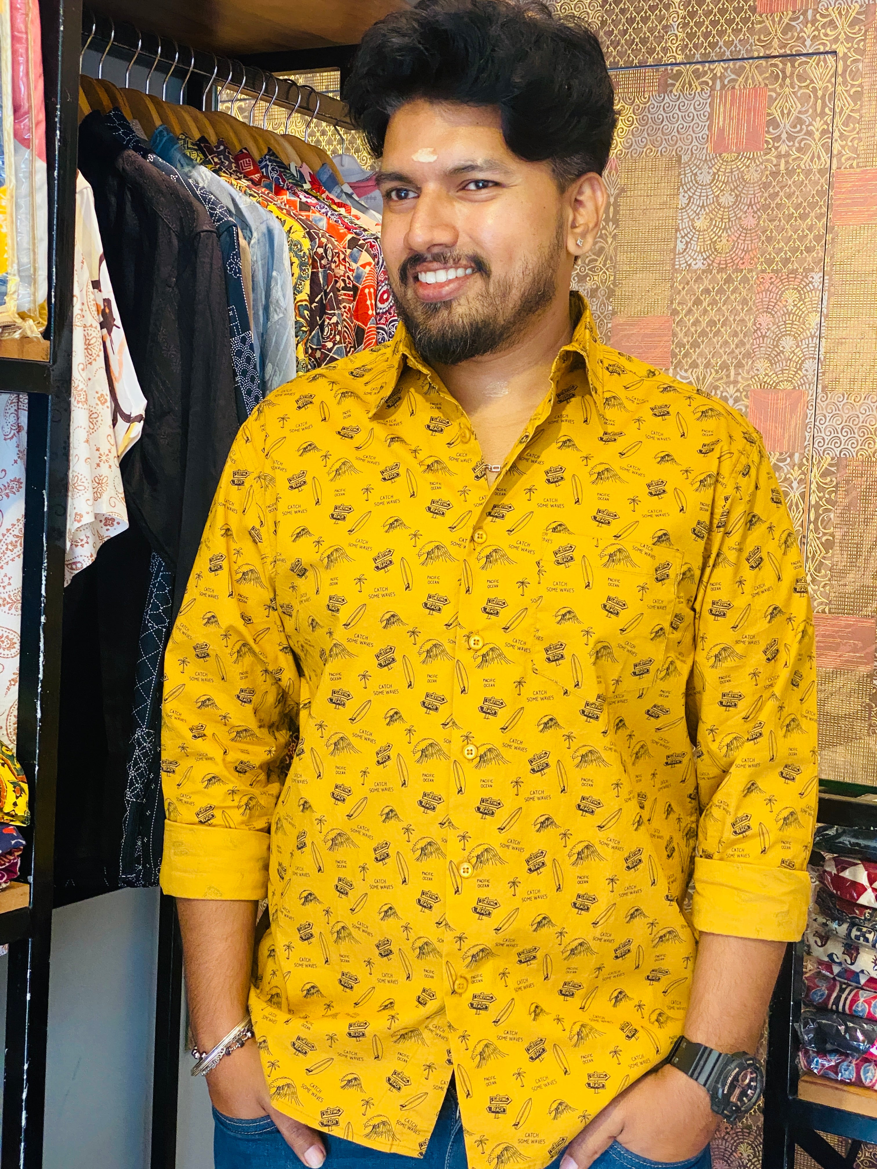 BeZyD RIVIERA - Yellow Beach Vibe Printed Full Sleeve Cotton Shirt