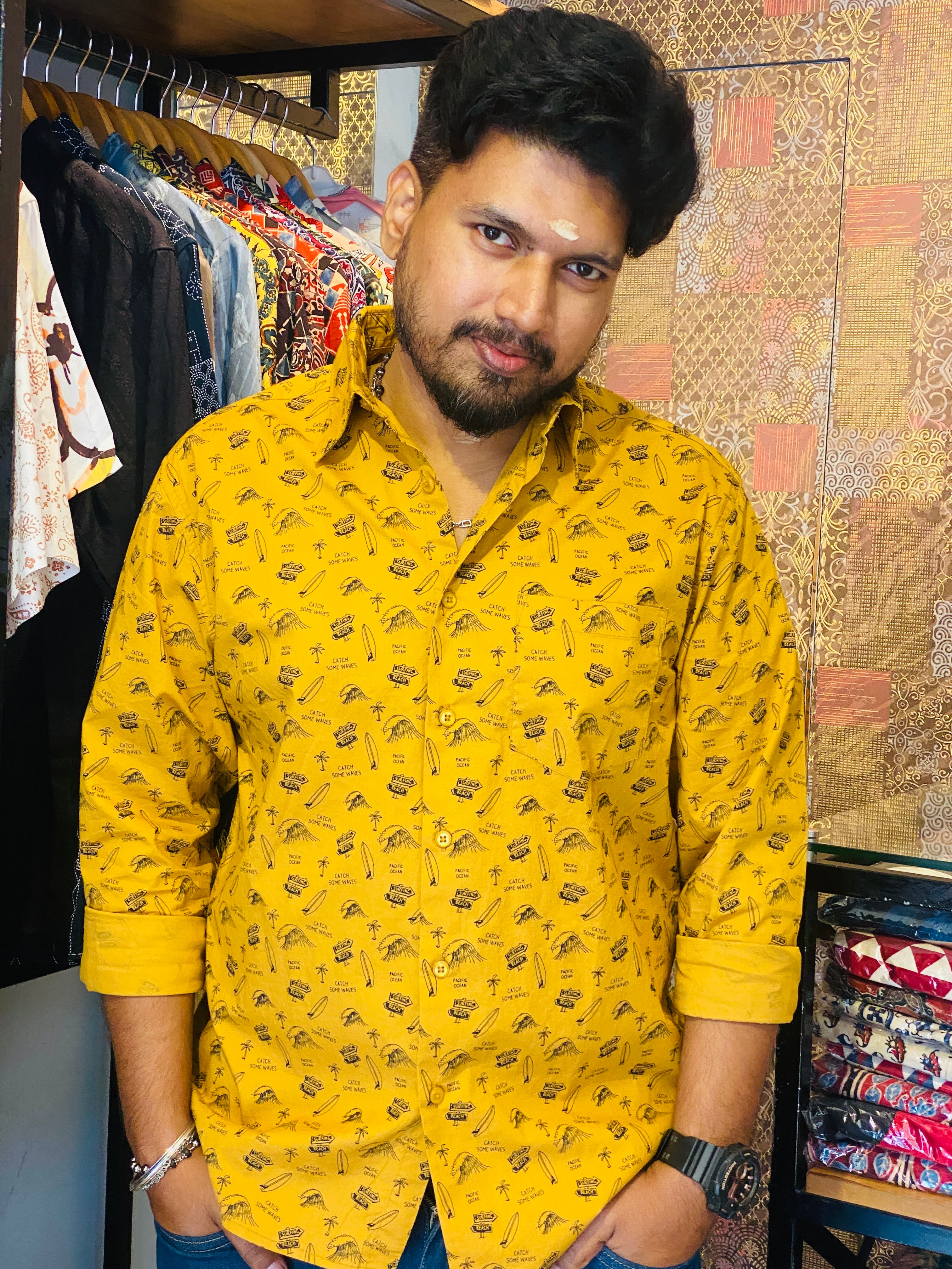 BeZyD RIVIERA - Yellow Beach Vibe Printed Full Sleeve Cotton Shirt